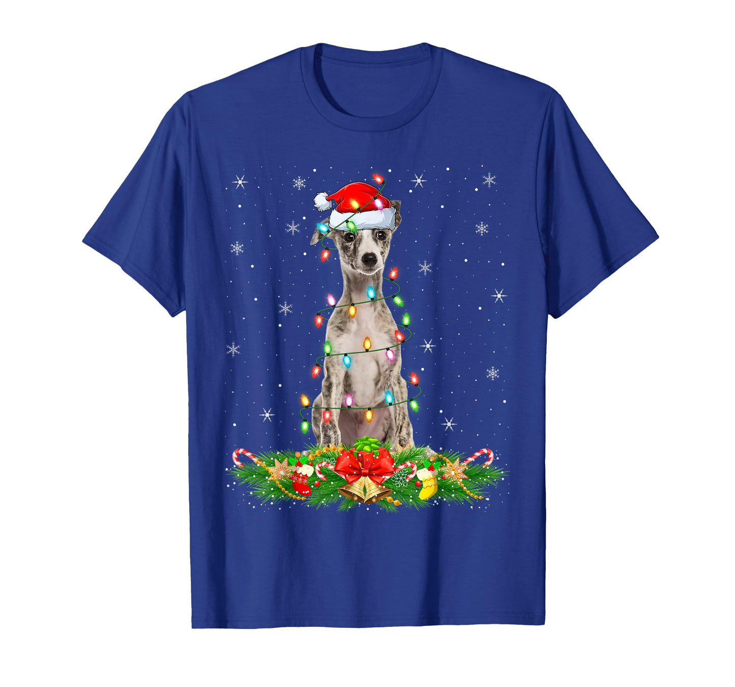 Whippet Dog Christmas Lights Funny Santa Hat Xmas T-Shirt