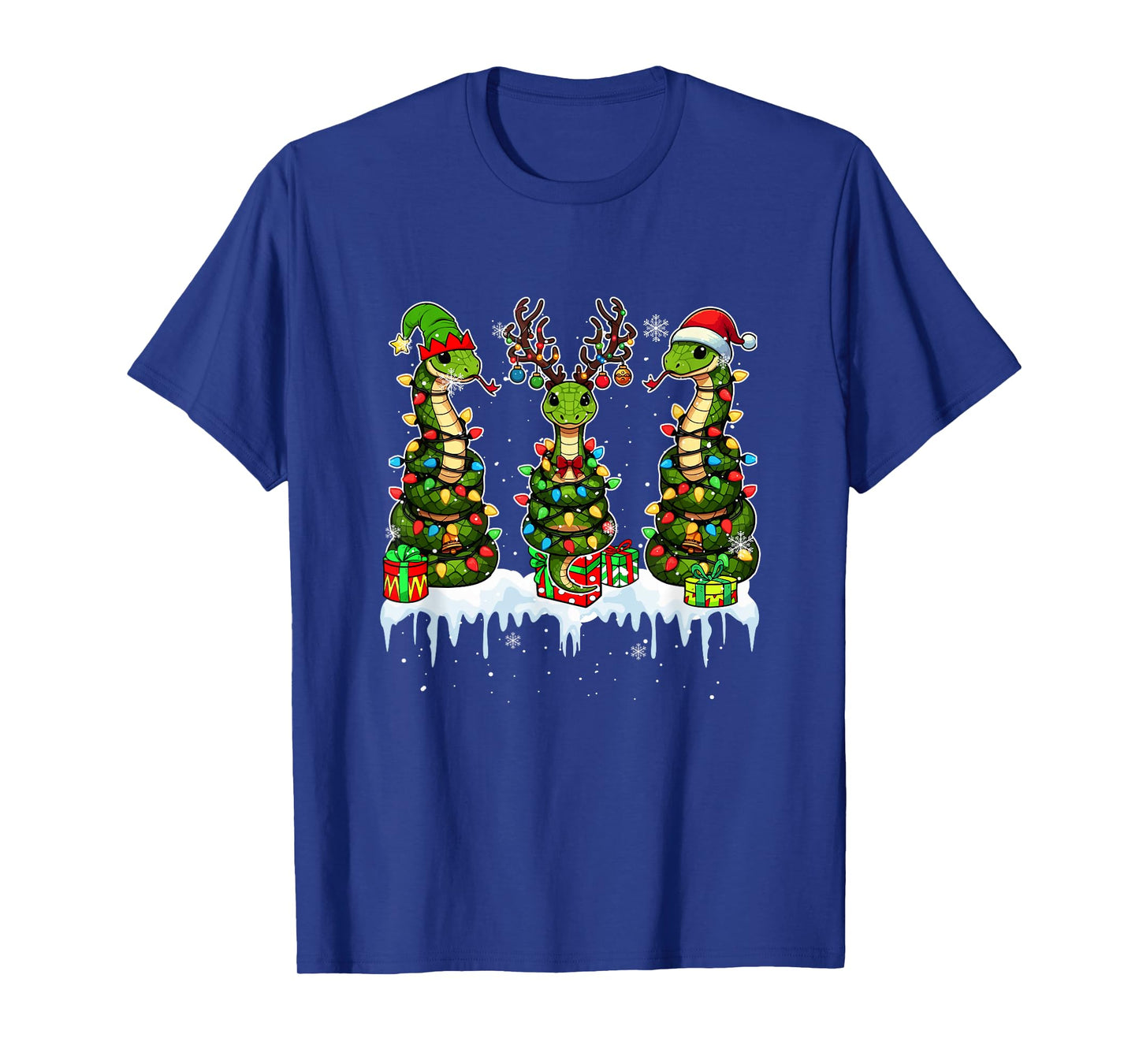 Three Santa Reindeer Elf Snakes Christmas Colorful Lights T-Shirt