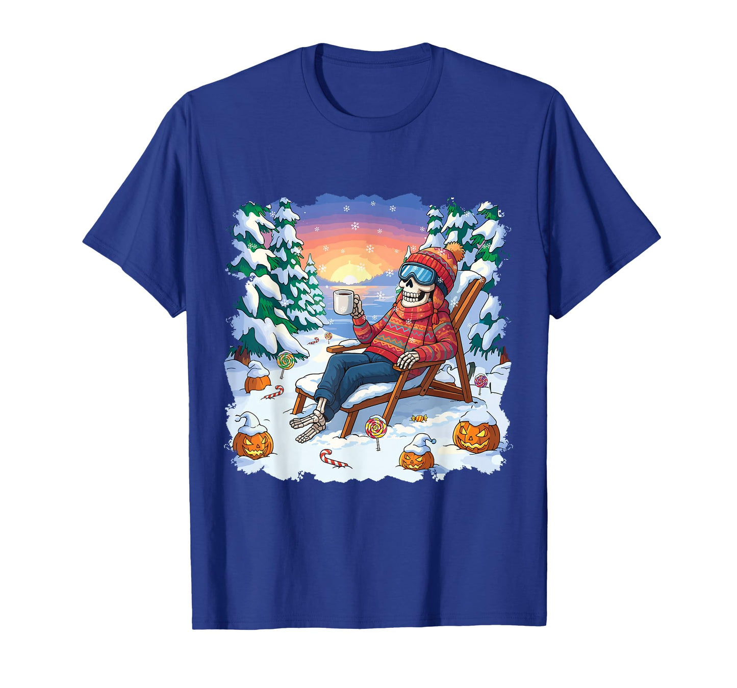 Winterween Winter Halloween Skeleton and Pumpkin Christmas T-Shirt