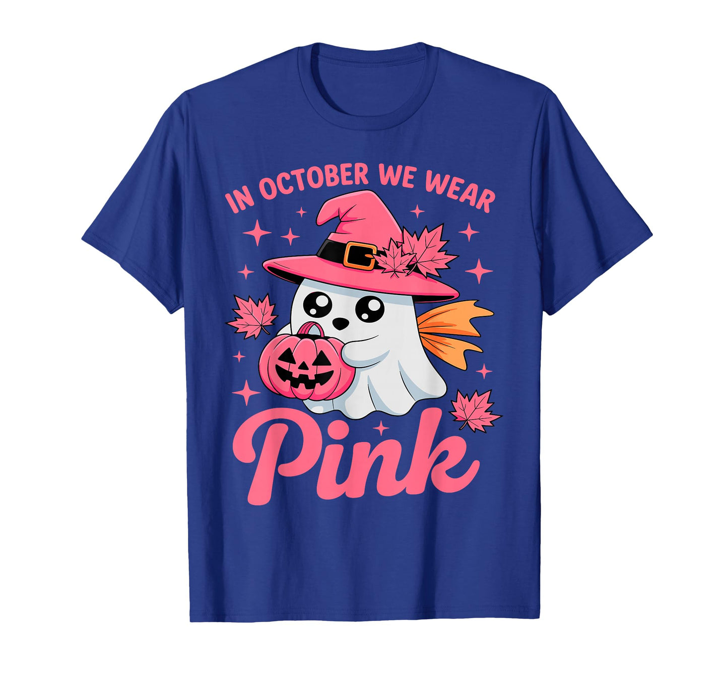 in October We Wear Pink Breast Cancer Awareness Witch Ghost T-Shirt
