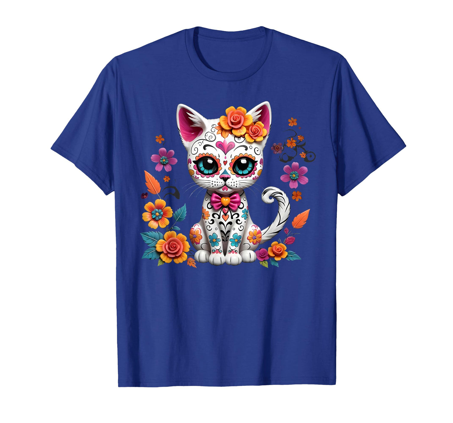 Floral Cat Sugar Skull Day of the Dead Dia de los Muertos T-Shirt