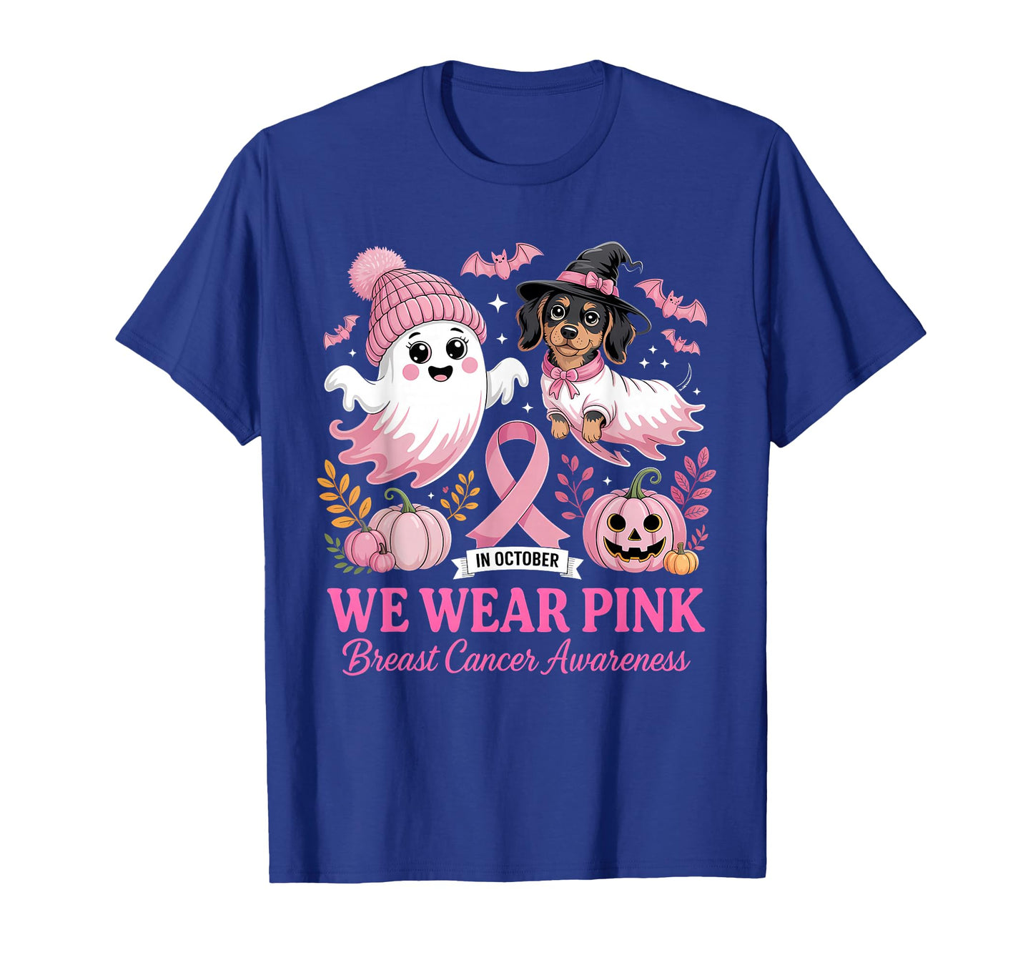 in October We Wear Pink Ghost Dachshund Breast Cancer T-Shirt