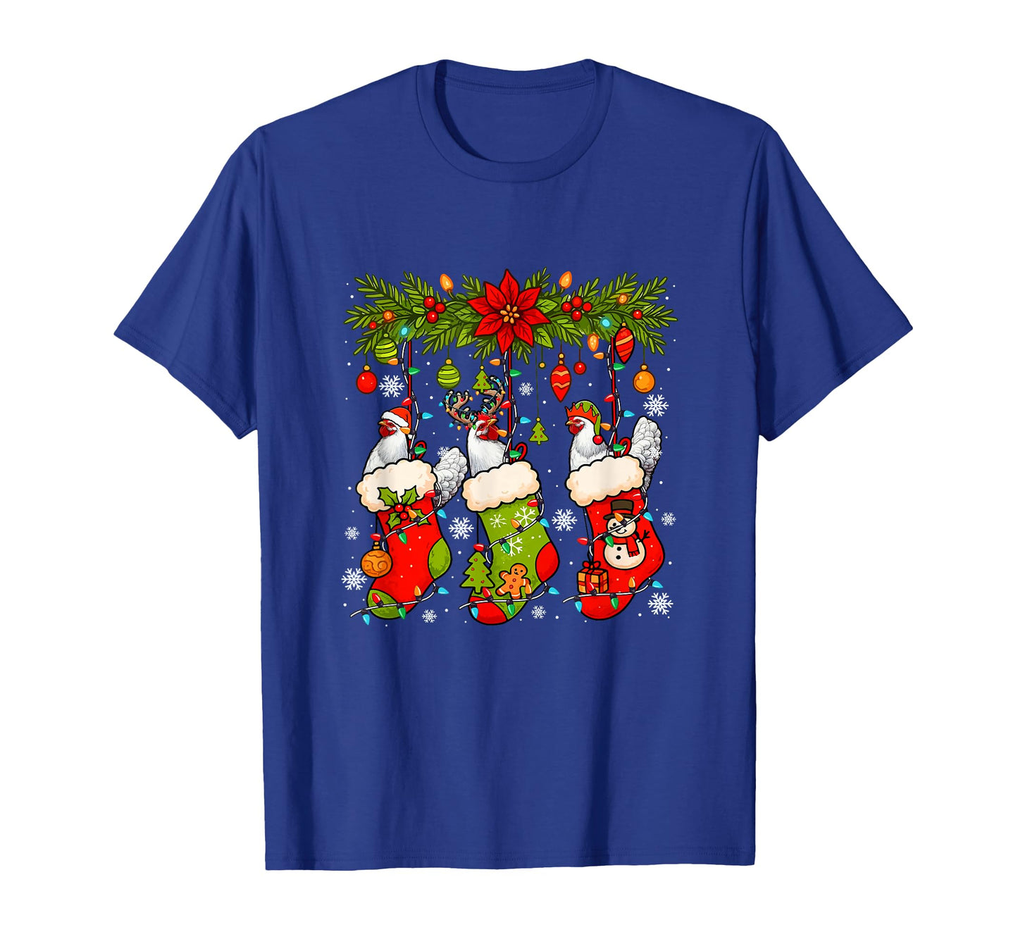 Three Santa Elf Reindeer Chickens in Xmas Colorful Socks T-Shirt