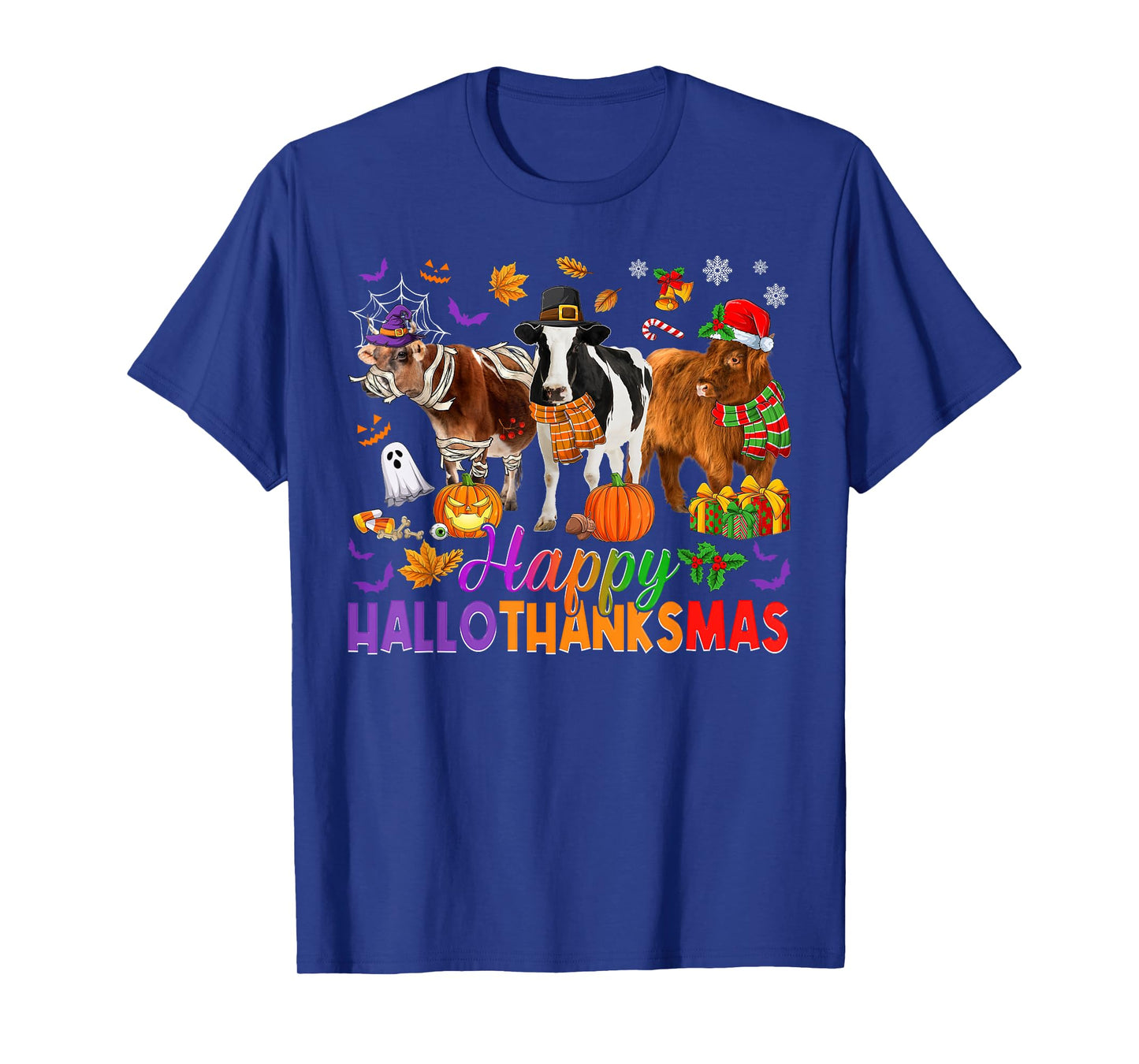 Happy Hallothanksmas Halloween Thanksgiving Christmas Cows T-Shirt