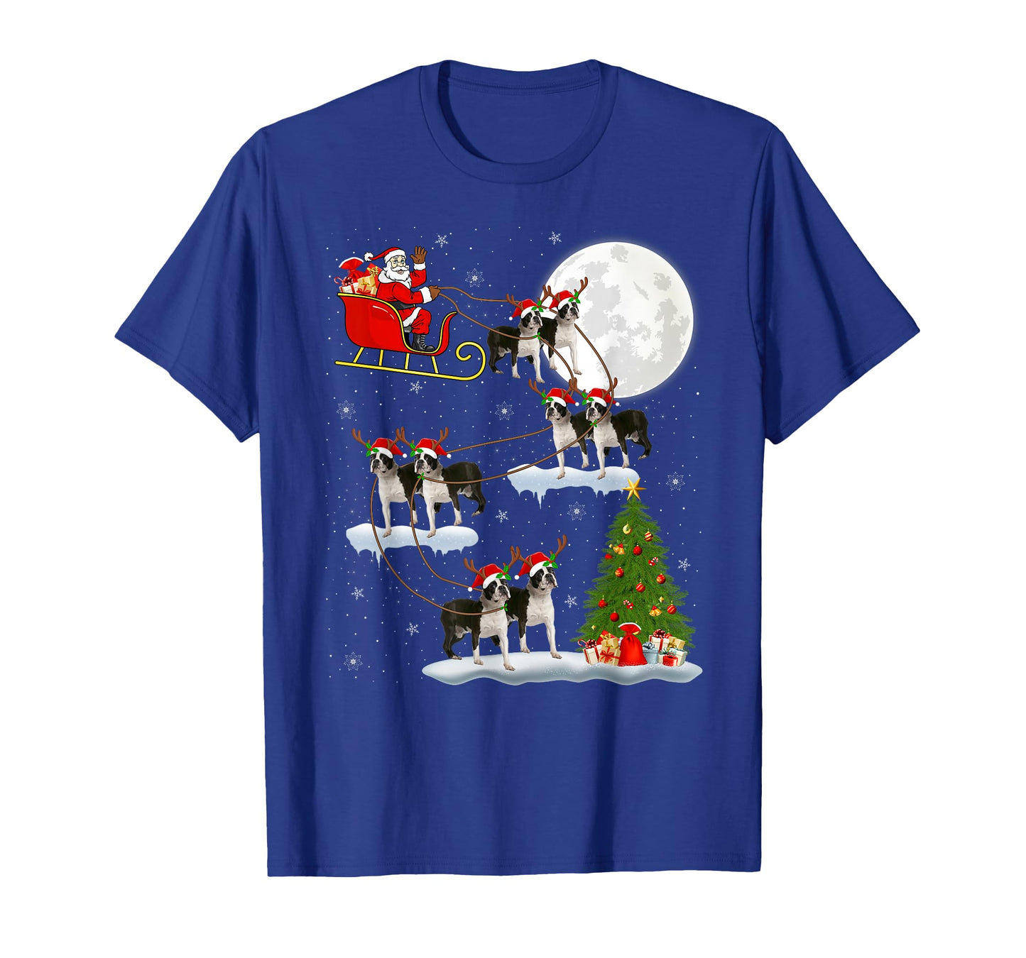 Boston Terrier Dog Santa Sleigh Flying Funny Christmas T-Shirt
