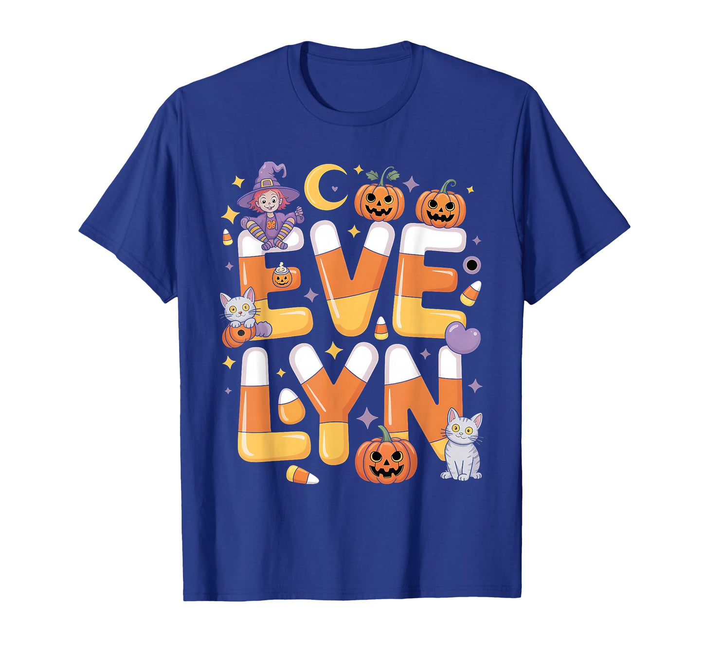 Evelyn Witch Candy Corn Cat Halloween Women and Girls T-Shirt