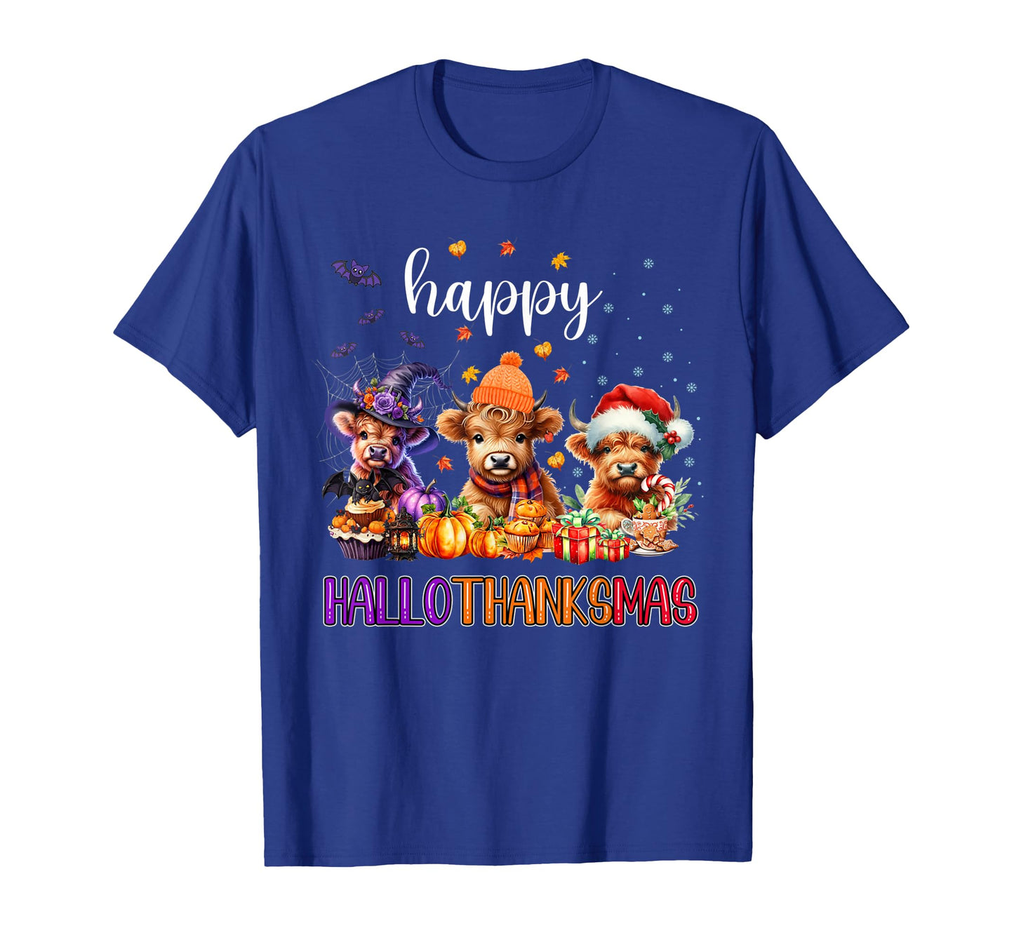 Happy Hallothanksmas Highland Cow Halloween Thanksgiving T-Shirt