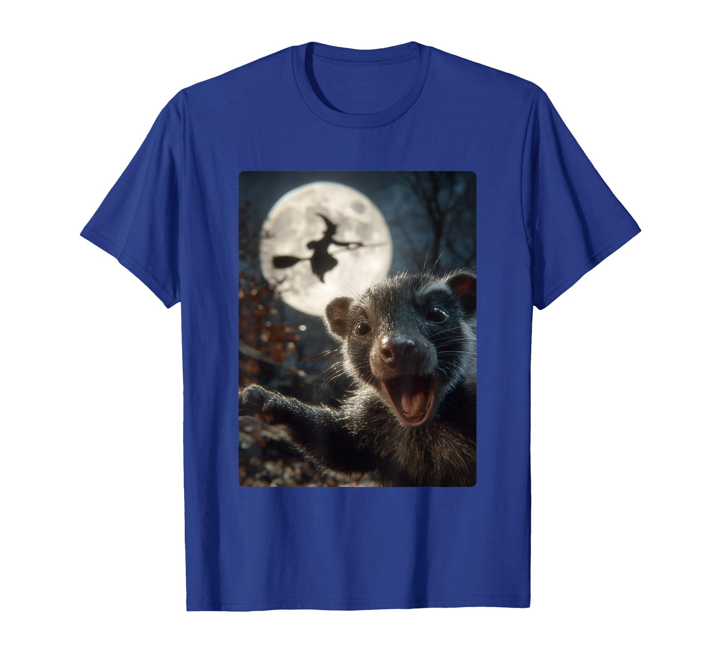 Funny Skunk Selfie Full Moon Flying Witch Forest Halloween T-Shirt