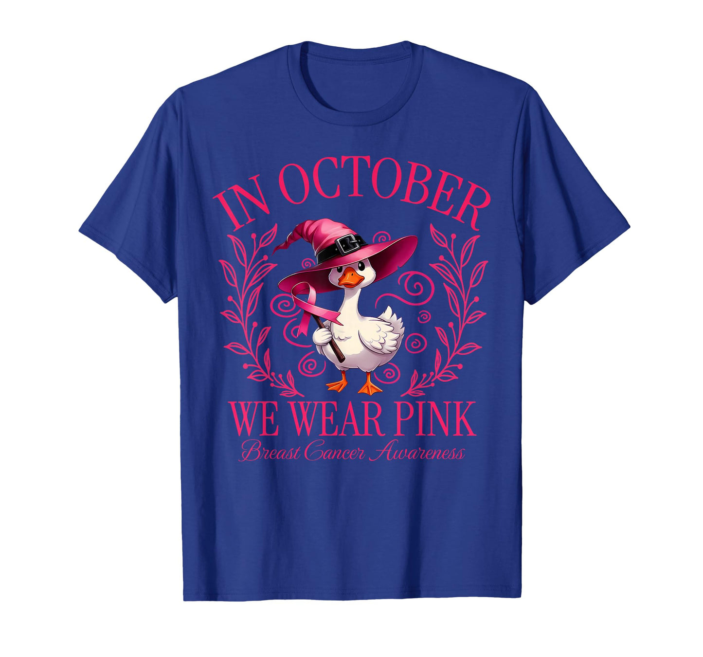in October We Wear Pink Witch Goose Breast Cancer Awareness T-Shirt