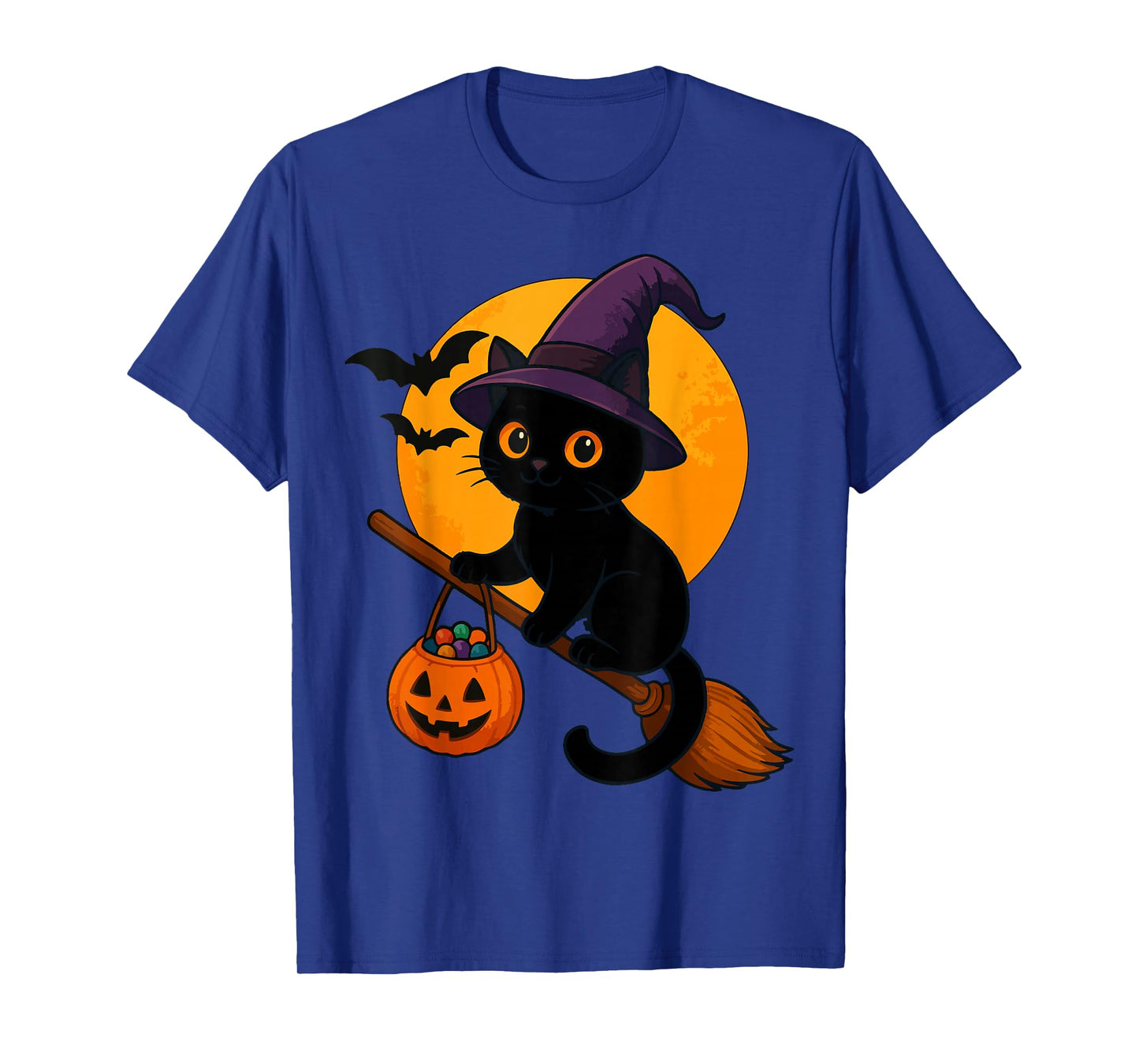 Cute Black Cat Witch on Broom Halloween Costume Moon Pumpkin T-Shirt