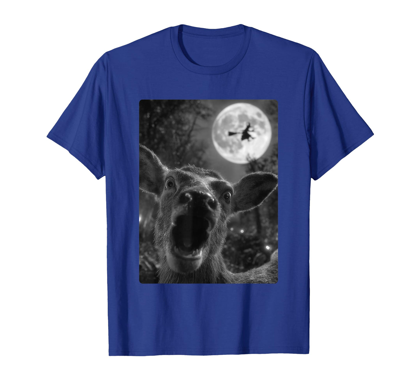 Funny Deer Selfie Full Moon Flying Witch Forest Halloween T-Shirt