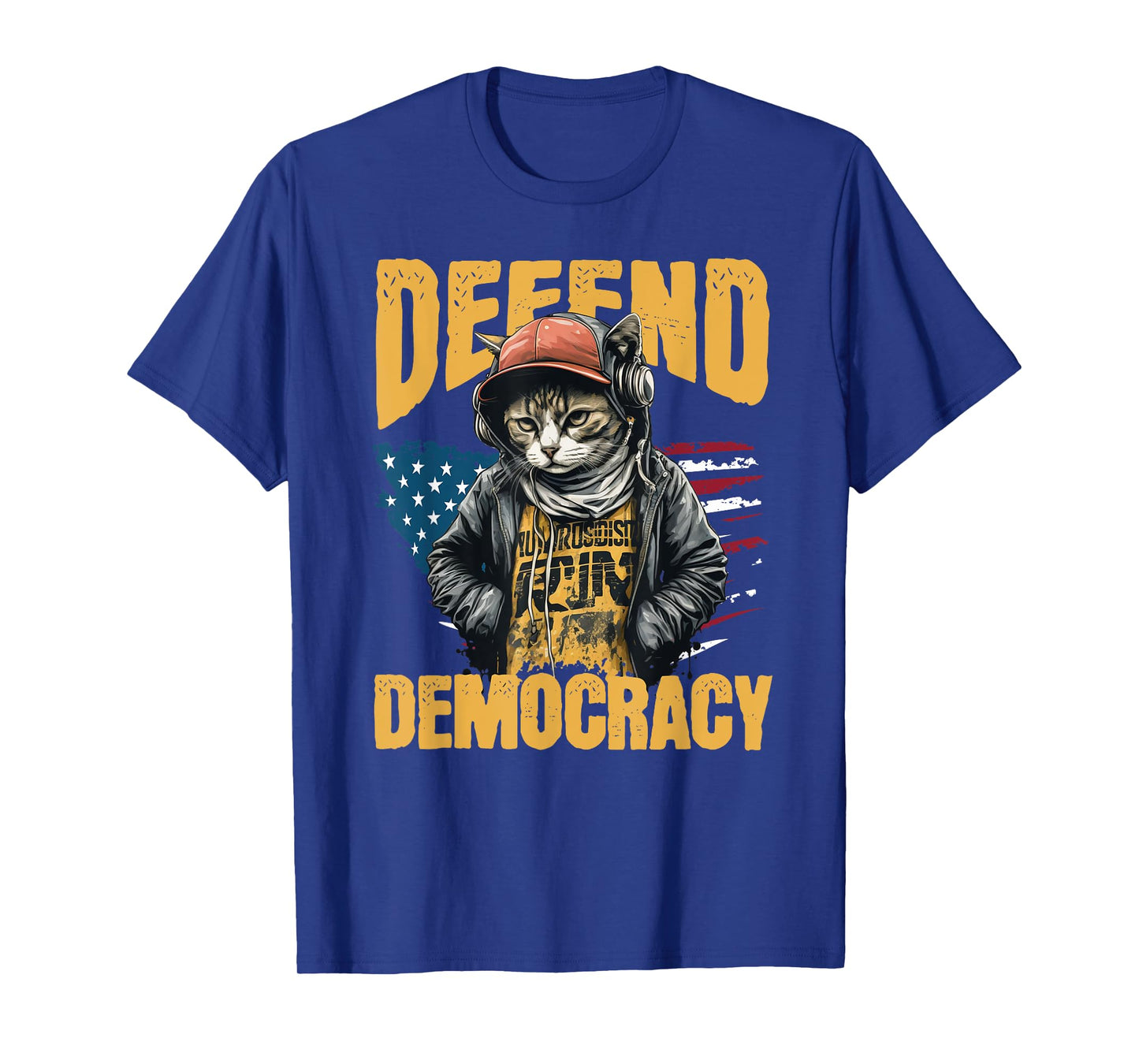 Defend Democracy Protect Our Right Vintage US Flag Urban Cat T-Shirt