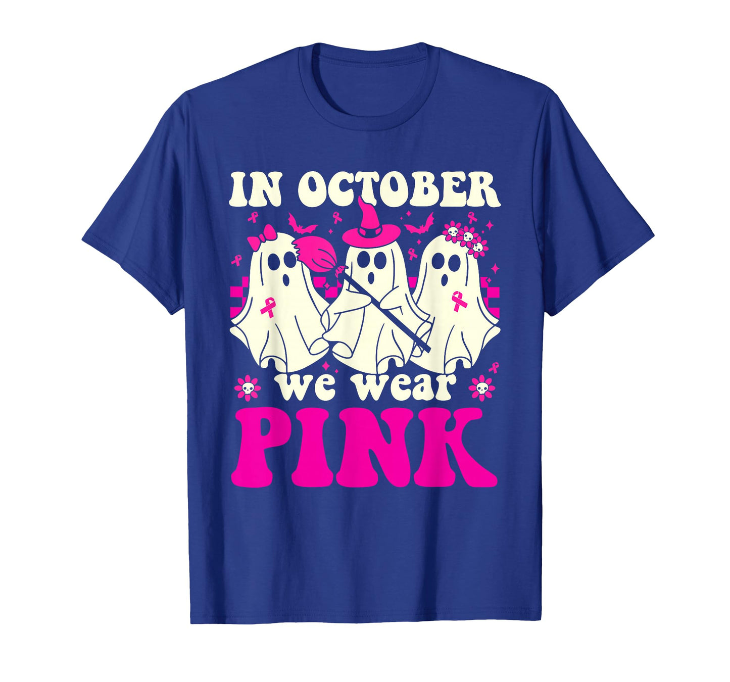 in October We Wear Pink Ghost Witch Breast Cancer Awareness T-Shirt