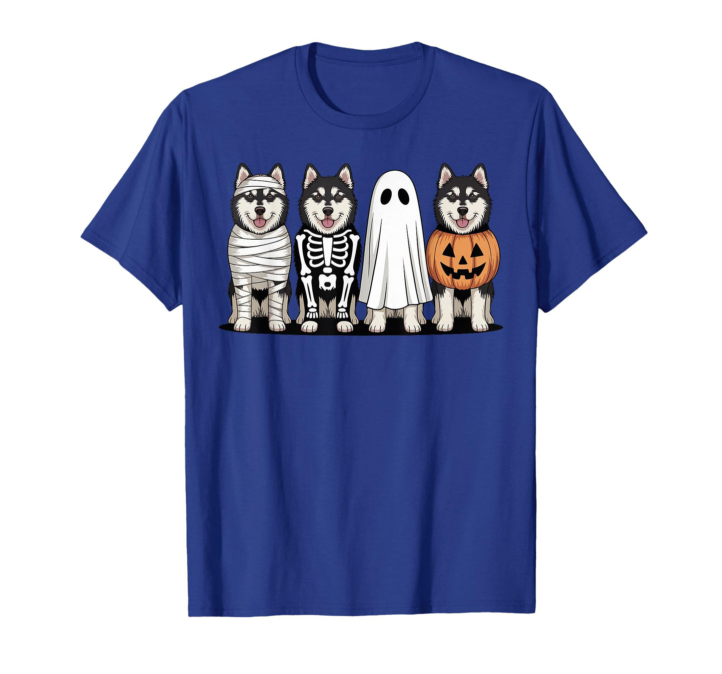 Spooky Ghost Alaskan Malamute Pumpkin Halloween Dog Skeleton T-Shirt