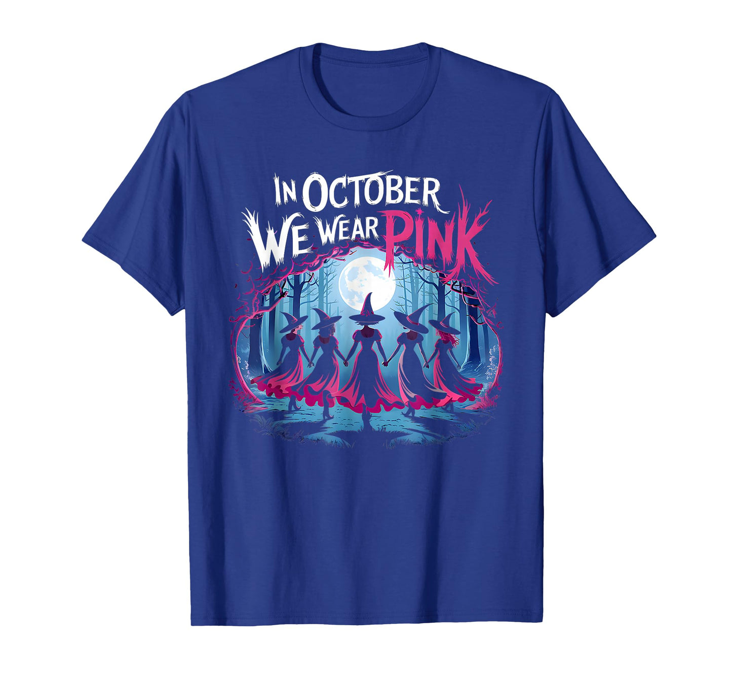 in October We Wear Pink Witch Halloween Breast Cancer Women T-Shirt