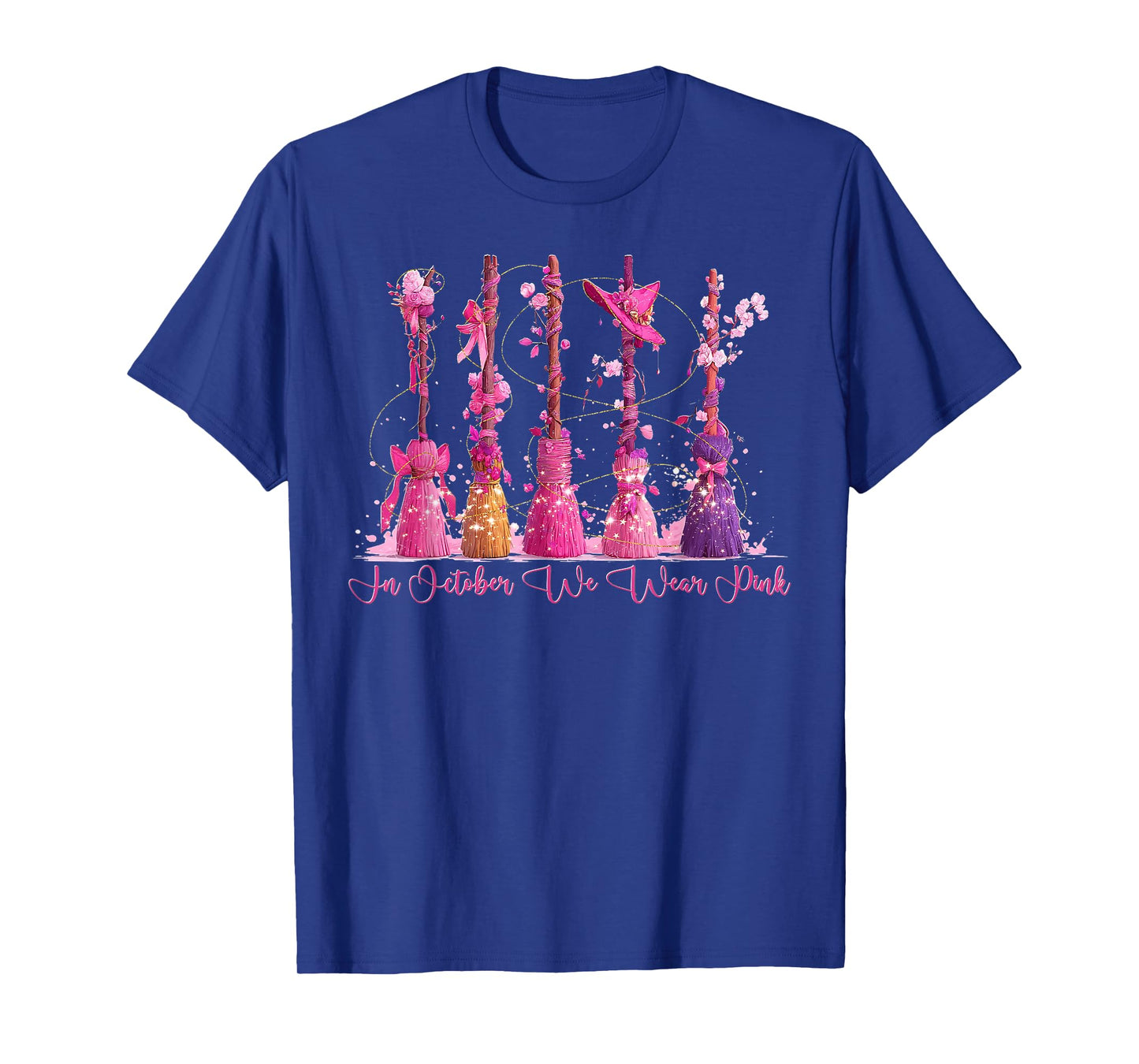 in October We Wear Pink Witches Brooms Spooky Breast Cancer T-Shirt
