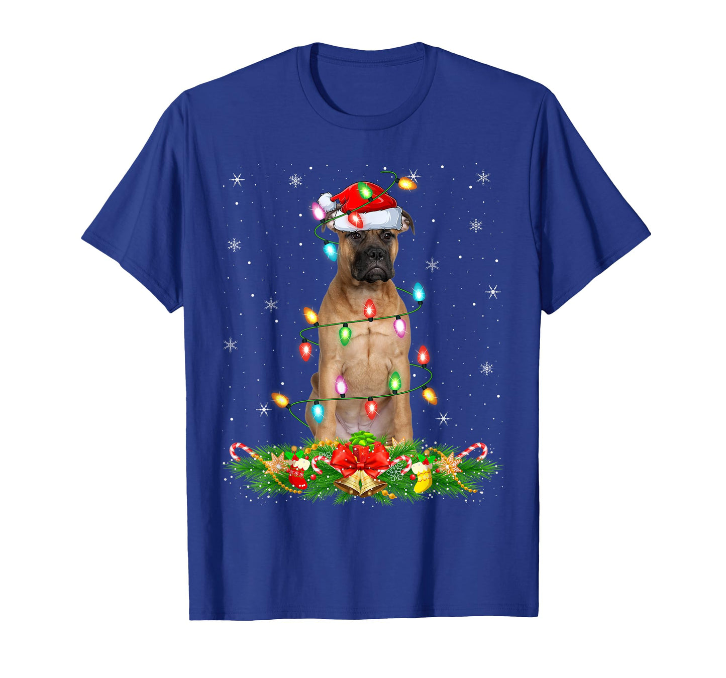 Bullmastiff Dog Christmas Lights Funny Santa Hat Xmas T-Shirt