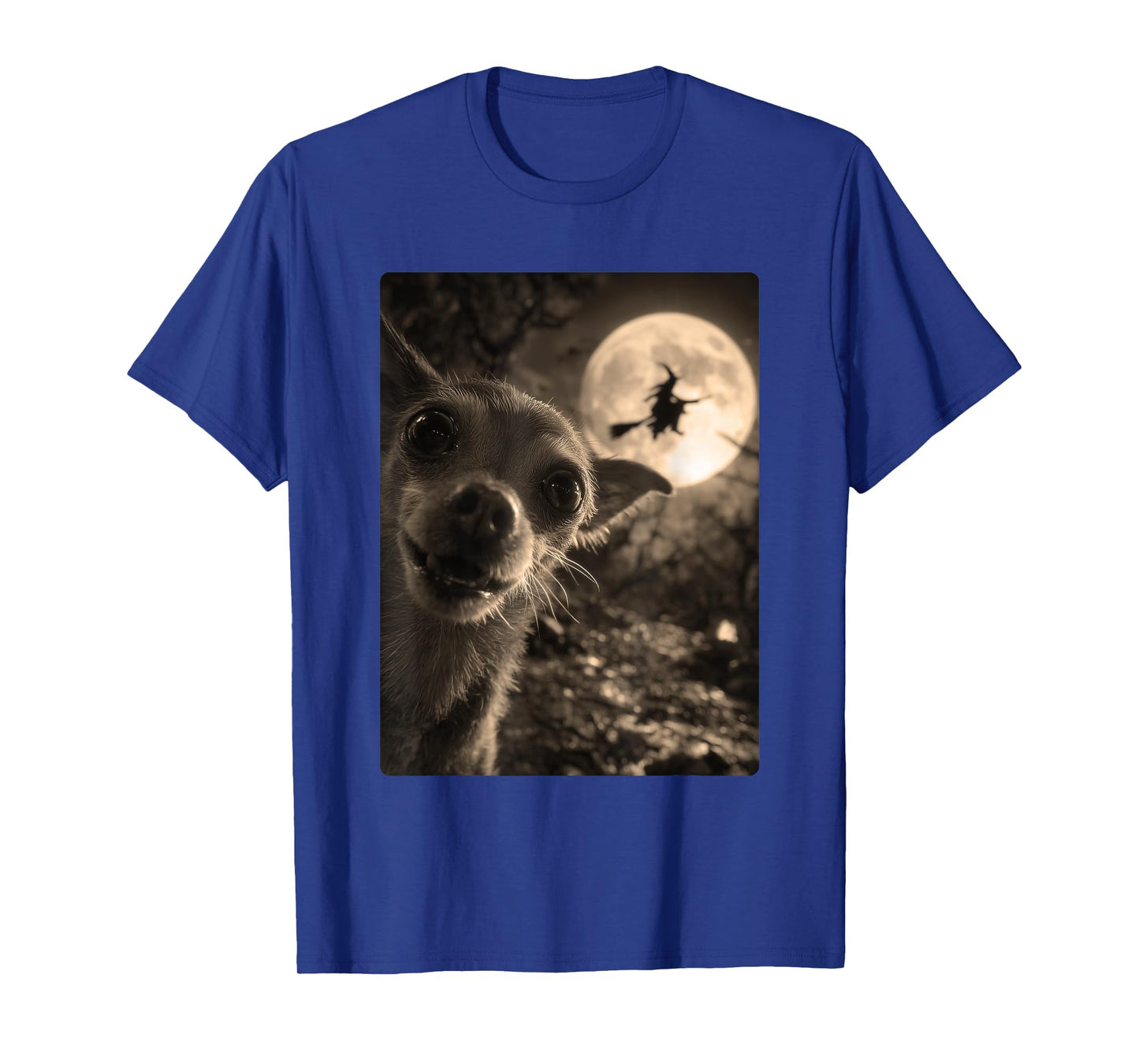 Funny Chihuahua Selfie Full Moon Flying Witch Halloween Dog T-Shirt