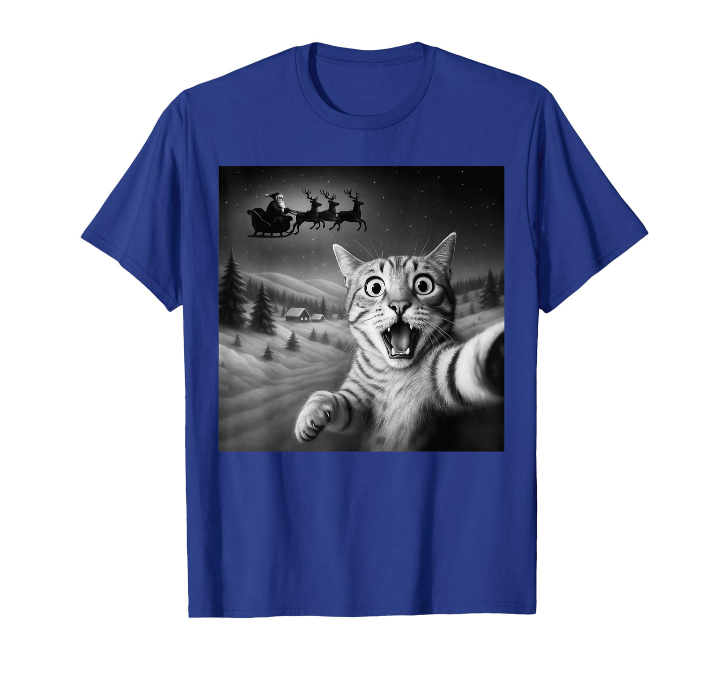 Funny Shocked Cat Selfie Santa Sleigh Christmas Night T-Shirt