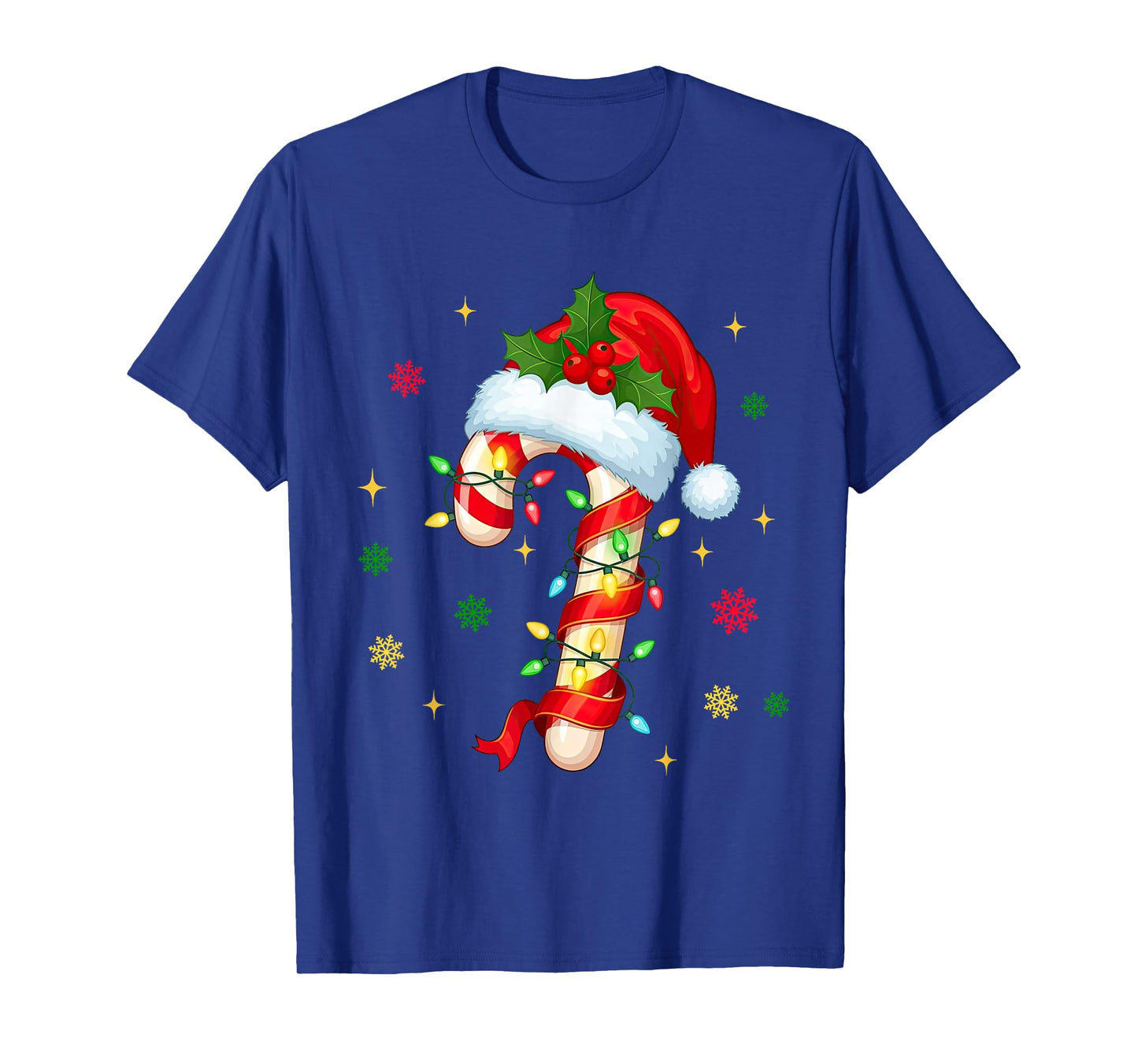 Candy Cane Christmas Lights Santa Hat Xmas Crew Women Girls T-Shirt