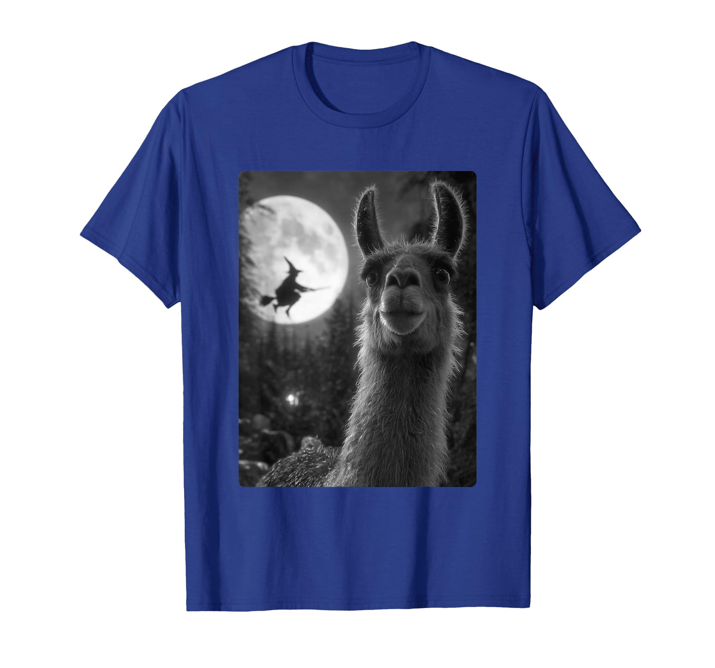 Funny Llama Selfie Full Moon Flying Witch Forest Halloween T-Shirt