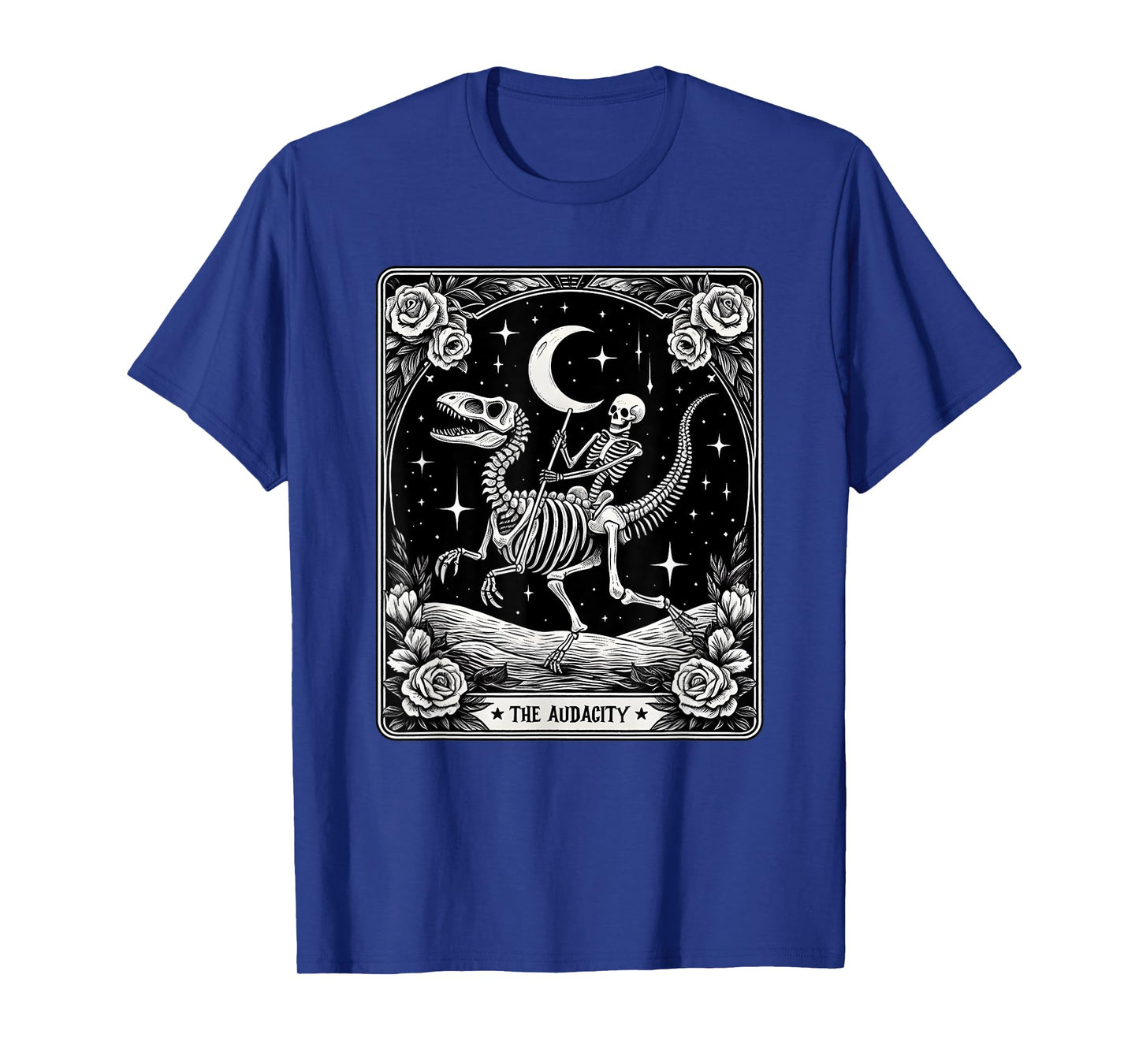 The Audacity Skeleton Riding Dinosaur Tarot Card Halloween T-Shirt