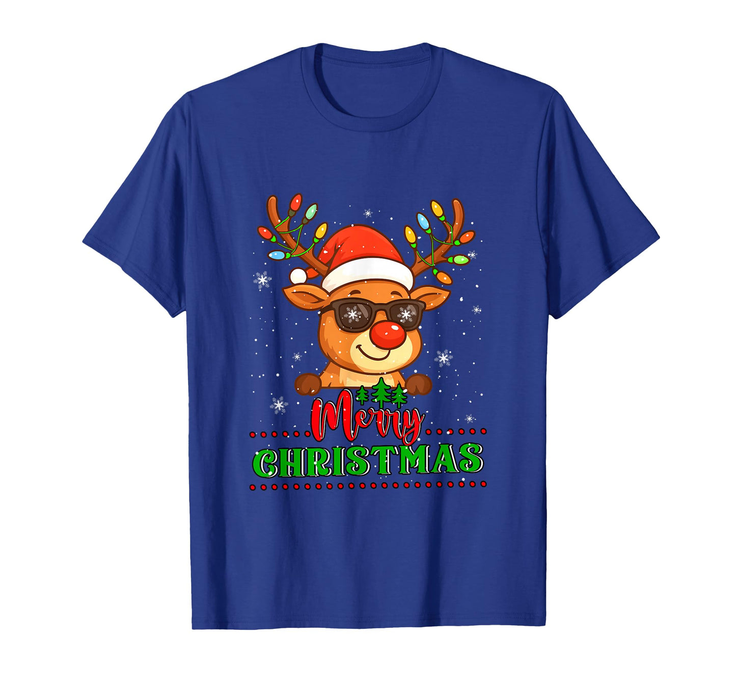 Merry Christmas Cute Reindeer Sunglasses Colorful Lights T-Shirt
