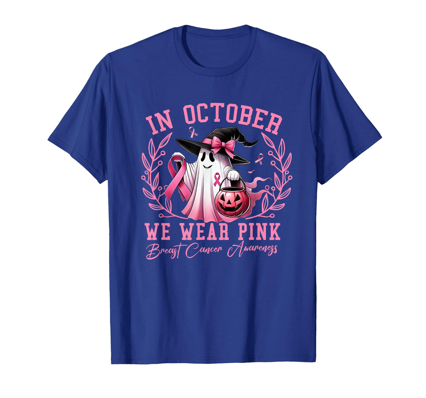 in October We Wear Pink Ghost Witch Breast Cancer Awareness T-Shirt