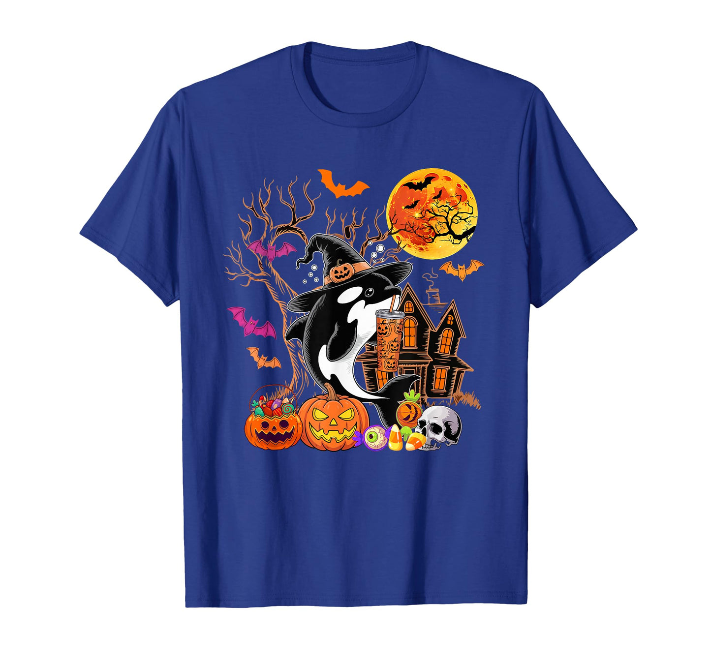 Orca As Witch Drinking Coffee Halloween Carved Pumpkin T-Shirt