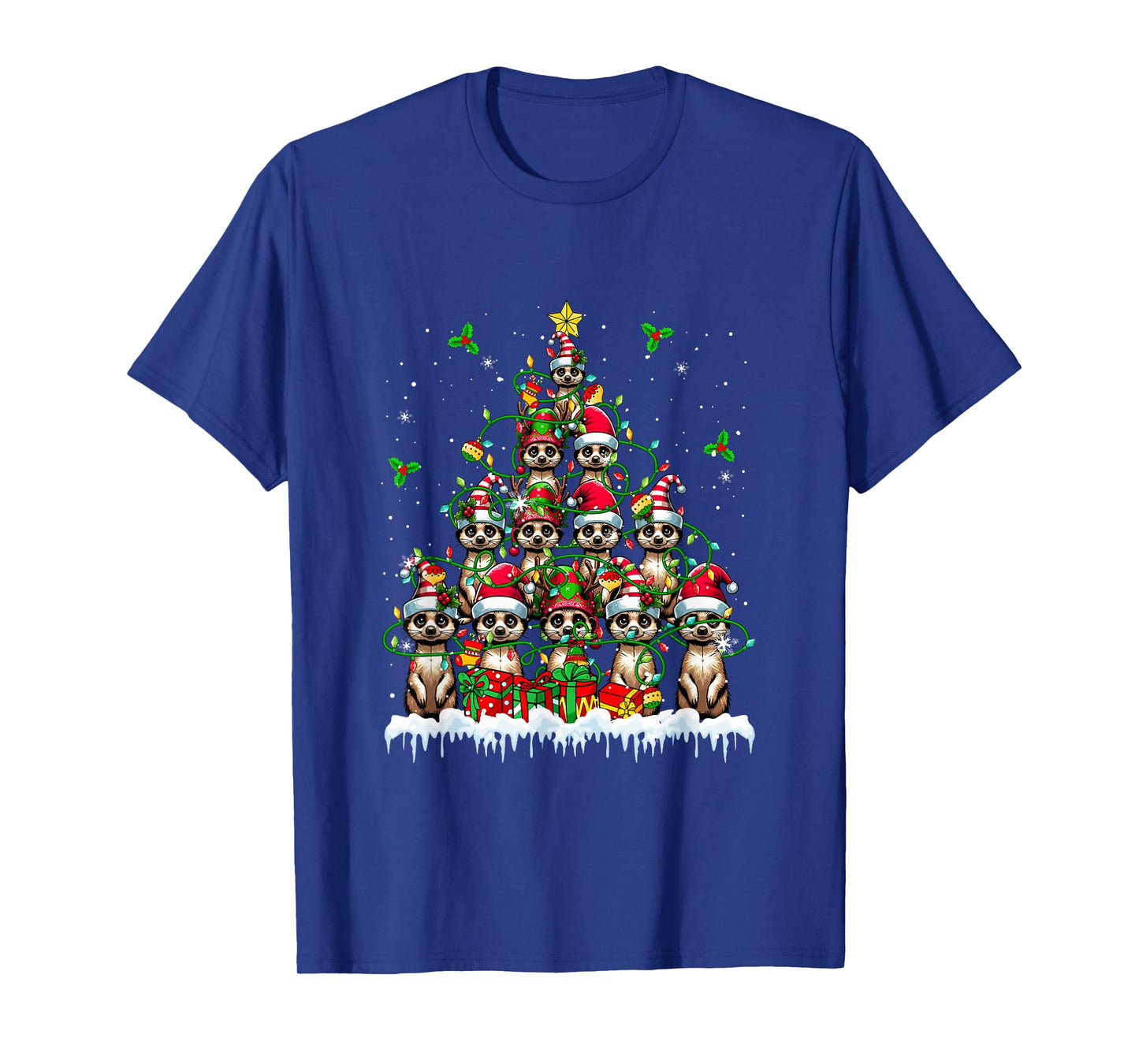 Group Santa Reindeer Elf Meerkats Xmas Tree Colorful Lights T-Shirt