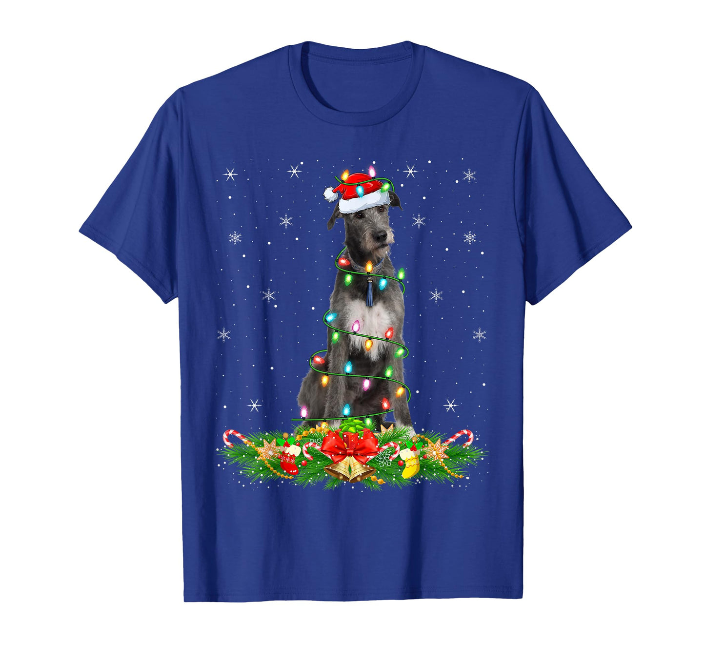 Irish Wolfhound Dog Christmas Lights Funny Santa Hat Xmas T-Shirt
