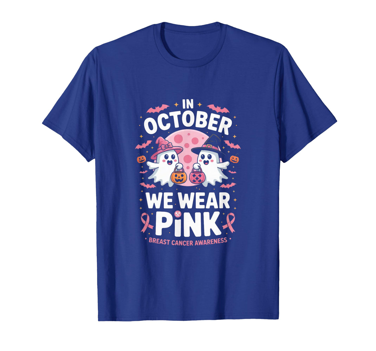in October We Wear Pink Ghost Witch Breast Cancer Awareness T-Shirt
