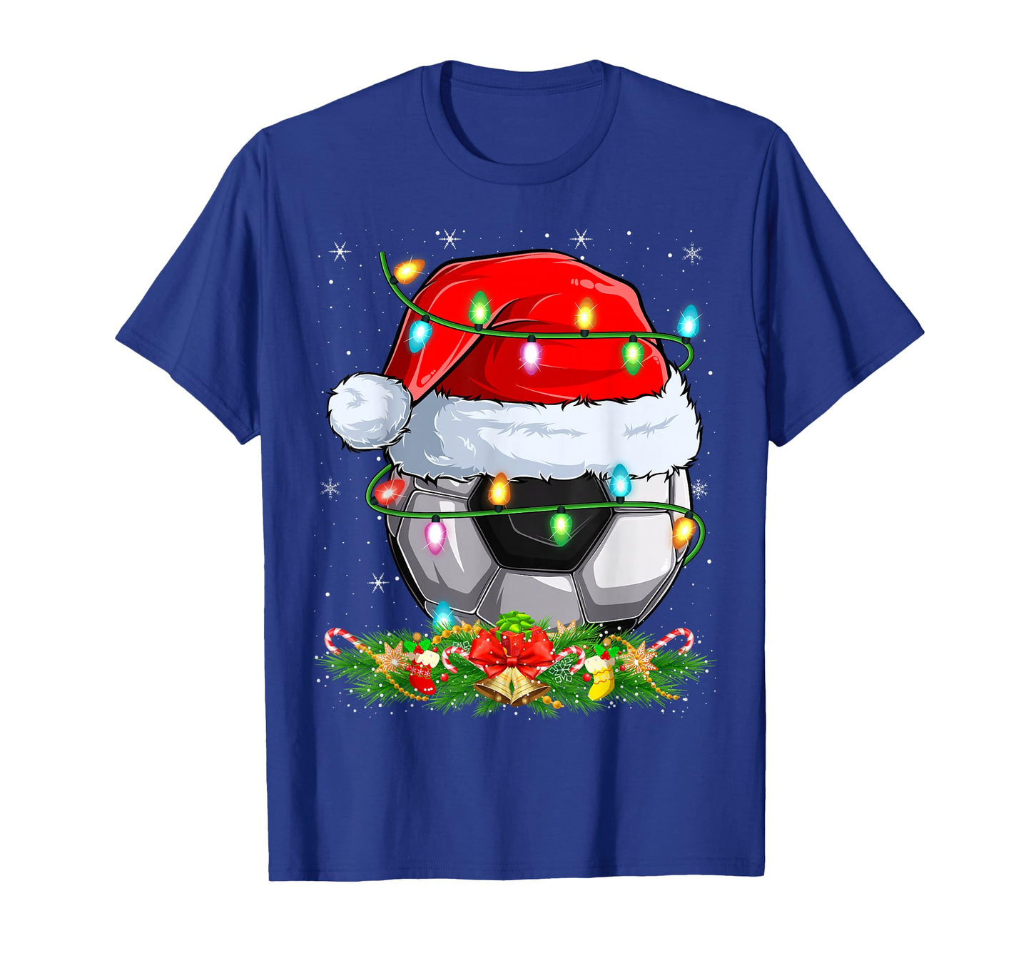 Soccer Ball Christmas Lights Funny Santa Soccer Player Xmas T-Shirt