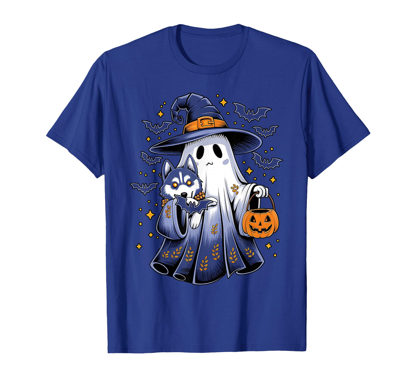 Ghost Witch Holding Siberian Husky Dog Pumpkins Halloween T-Shirt