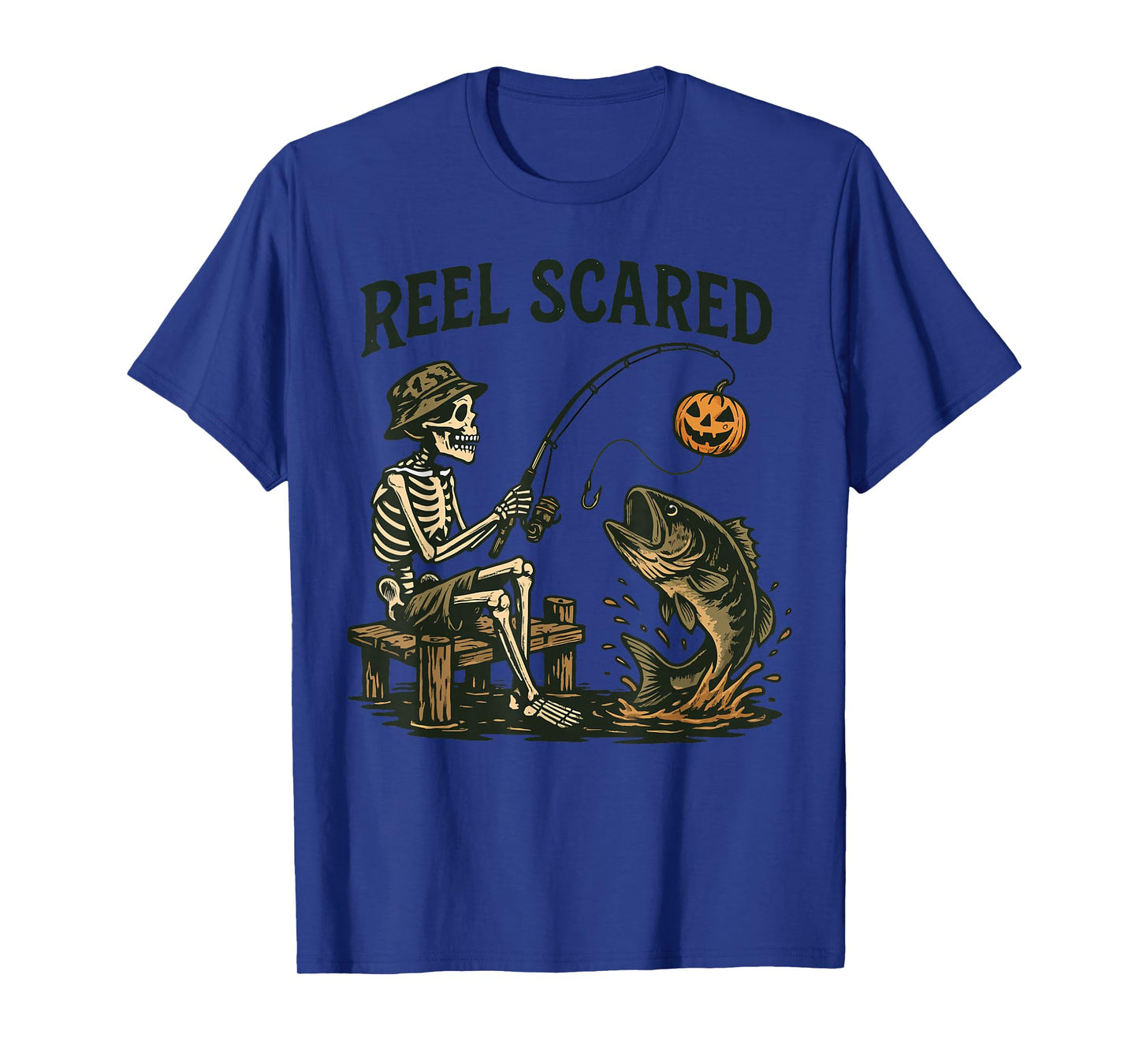 Reel Funny Scared Halloween Fishing Skeleton Pumpkin Bass T-Shirt