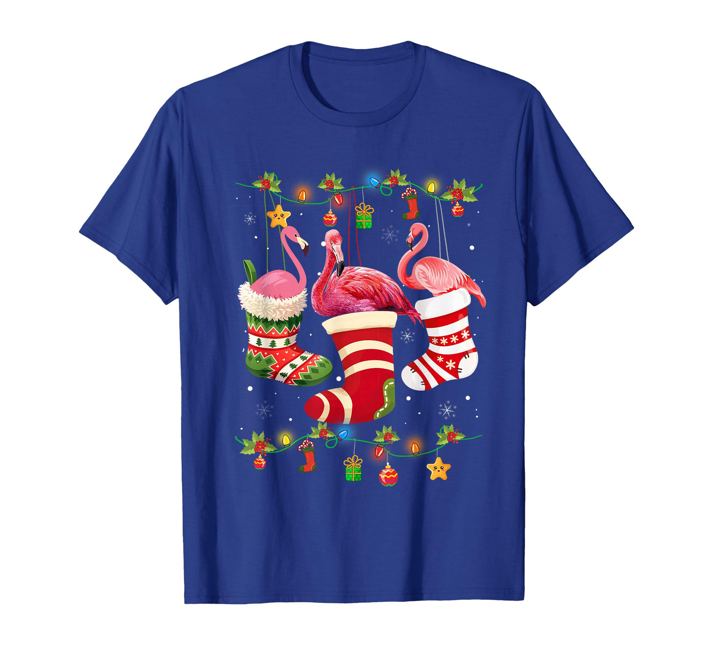 Christmas Lights Pink Flamingo Santa Hat Xmas Women Girls T-Shirt