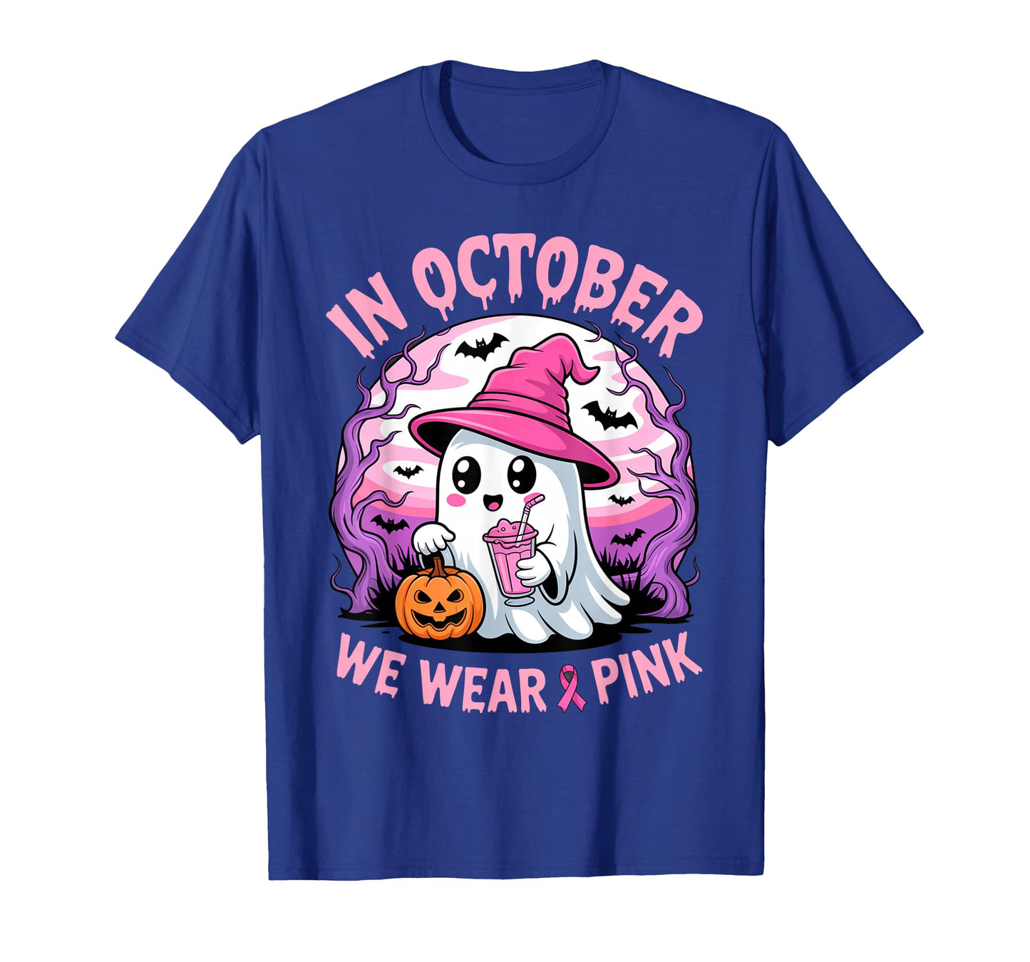 in October We Wear Pink Breast Cancer Halloween Ghost T-Shirt