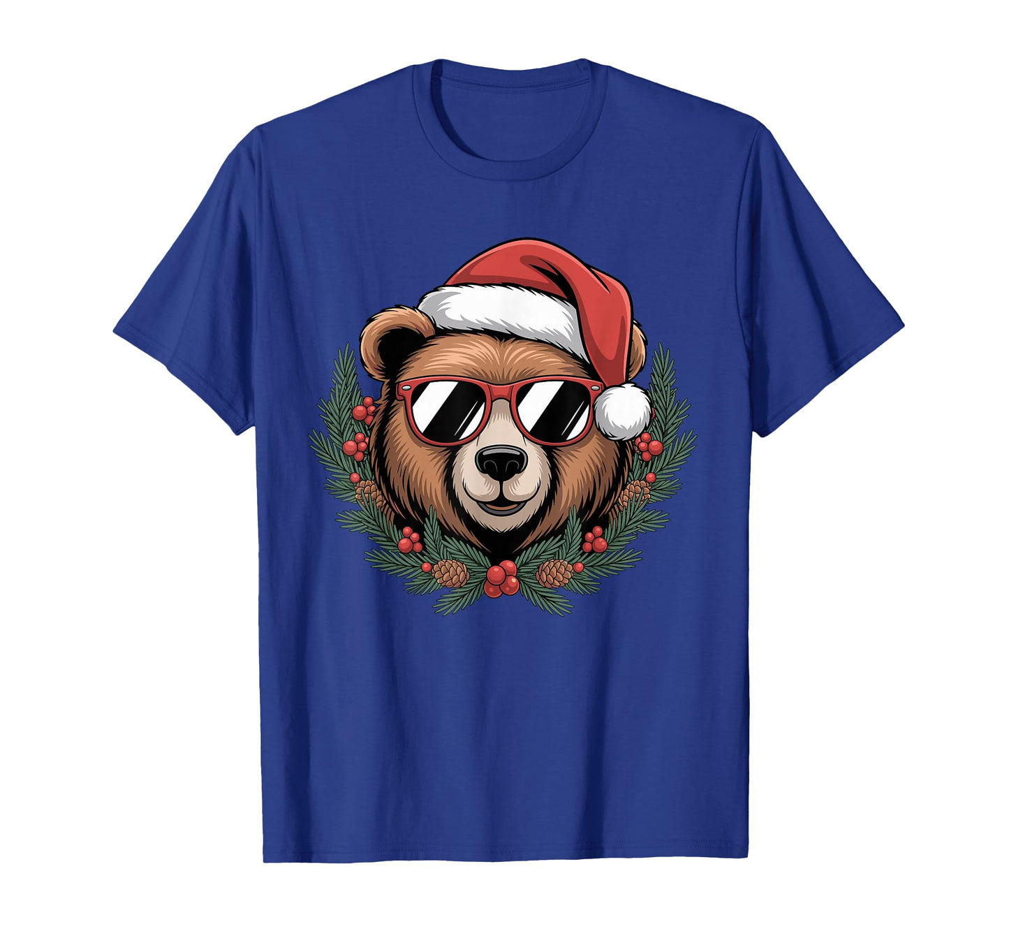 Christmas Bear with Santa Hat and Wreath Sunglasses T-Shirt