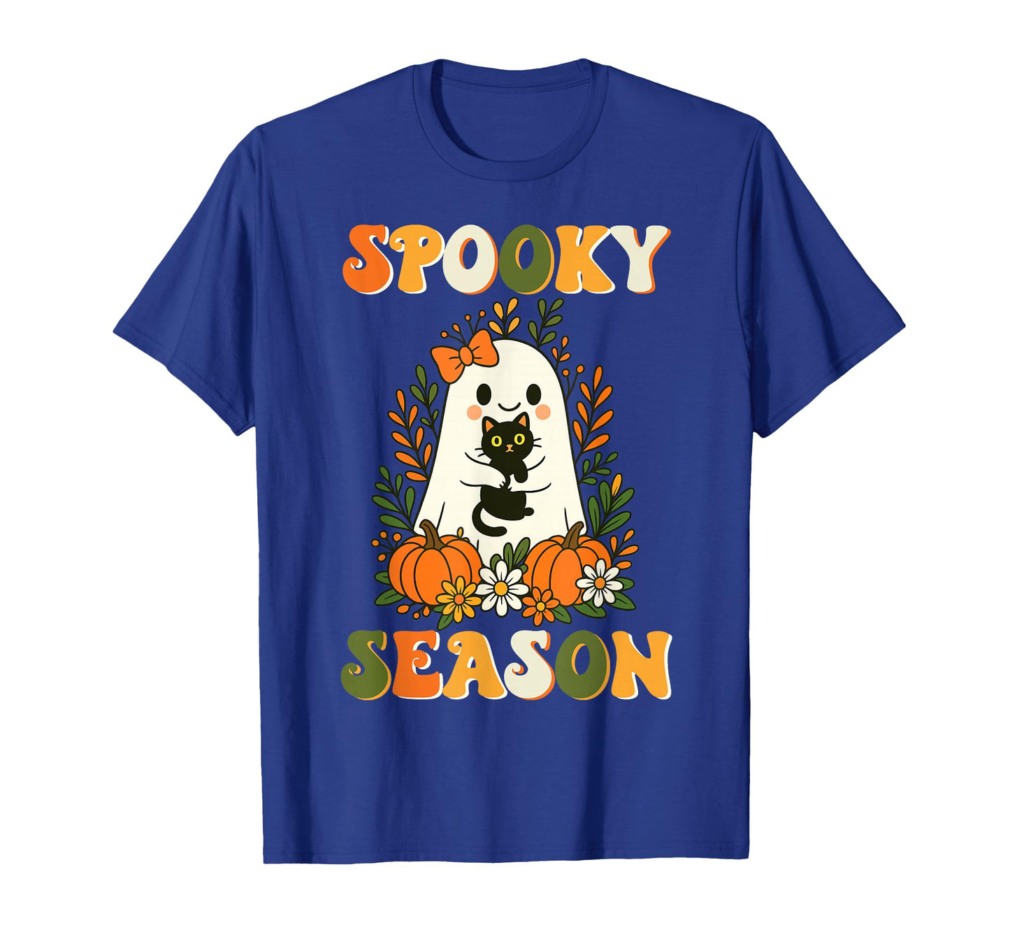 Spooky Season Ghost with Black Cat and Pumpkins Halloween T-Shirt