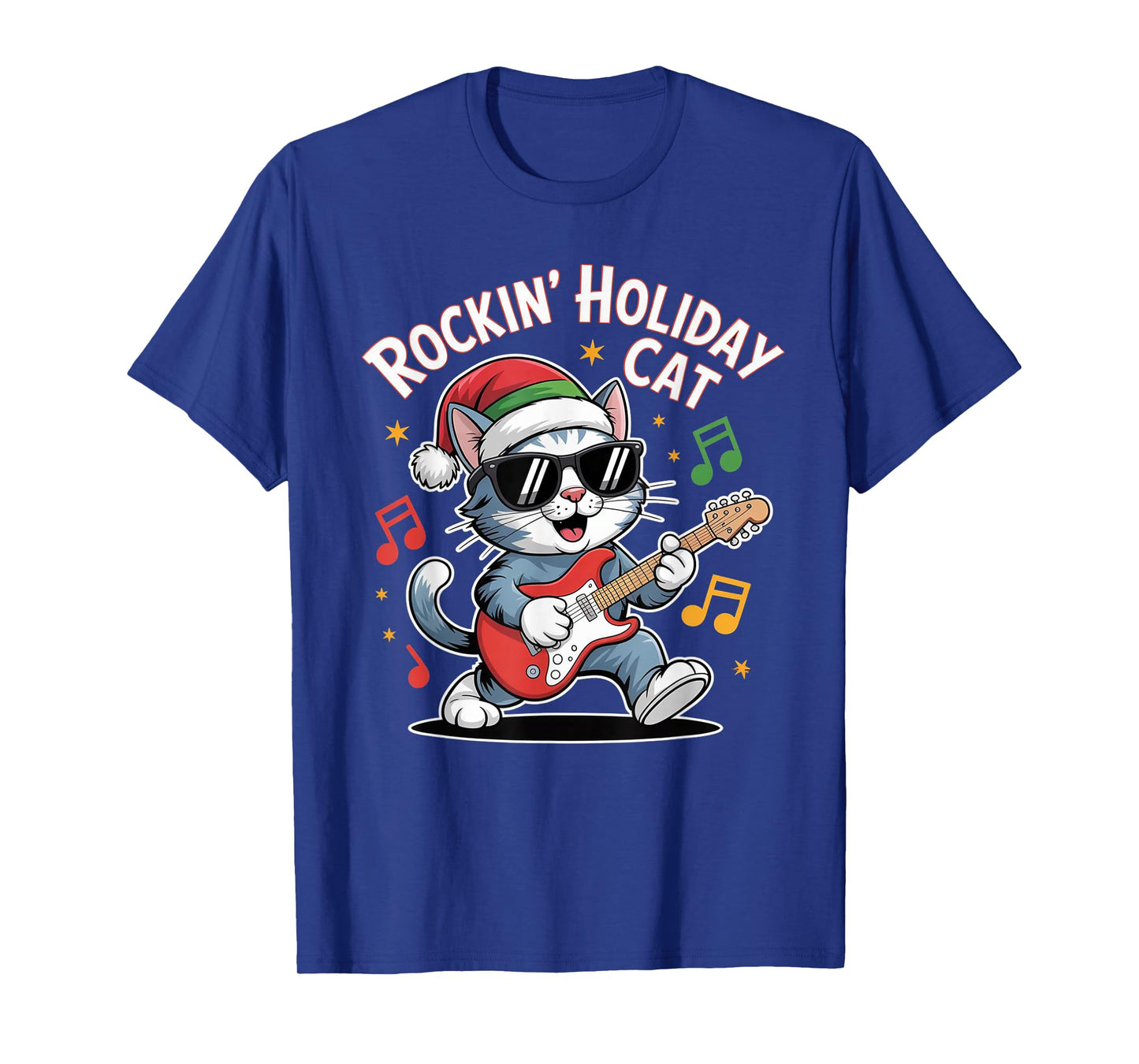 Christmas Santa Hat Cat Playing Guitar Rock and Roll T-Shirt
