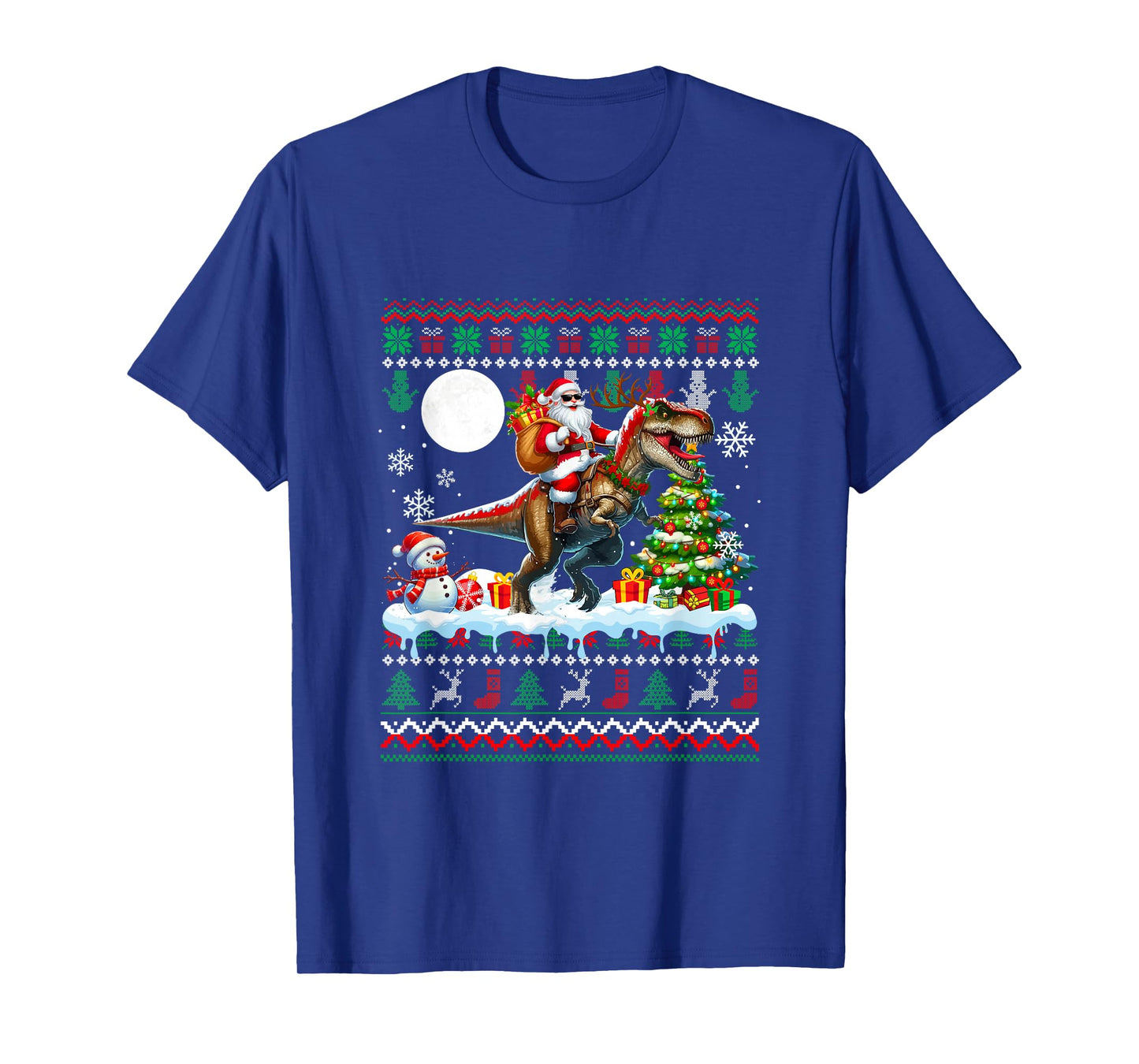Santa Sunglasses Riding T-Rex Christmas Sweater Snowman T-Shirt