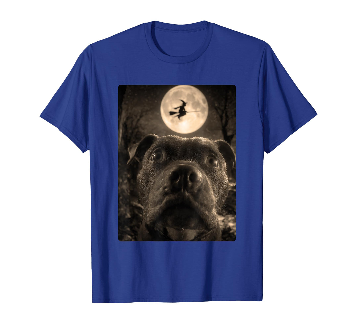 Funny Pit Bull Selfie Full Moon Flying Witch Halloween Dog T-Shirt