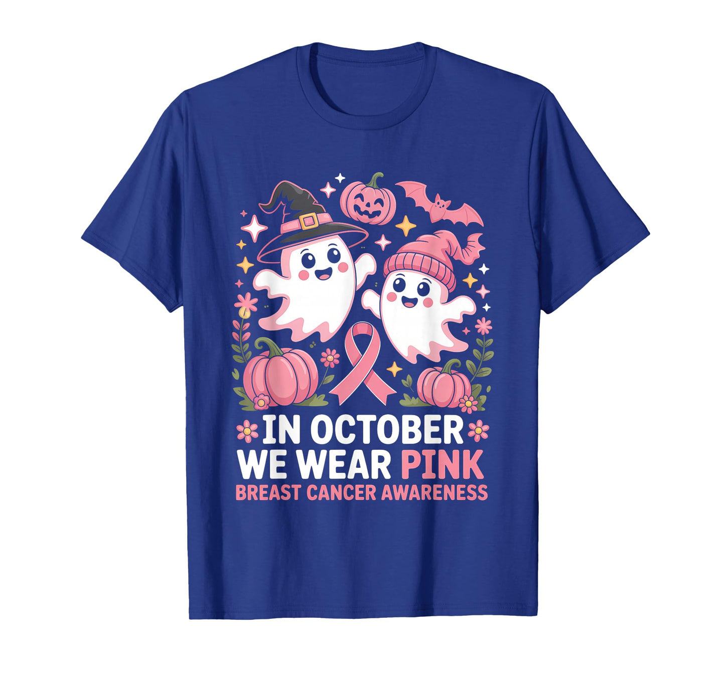 in October We Wear Pink Ghost Witch Breast Cancer Awareness T-Shirt