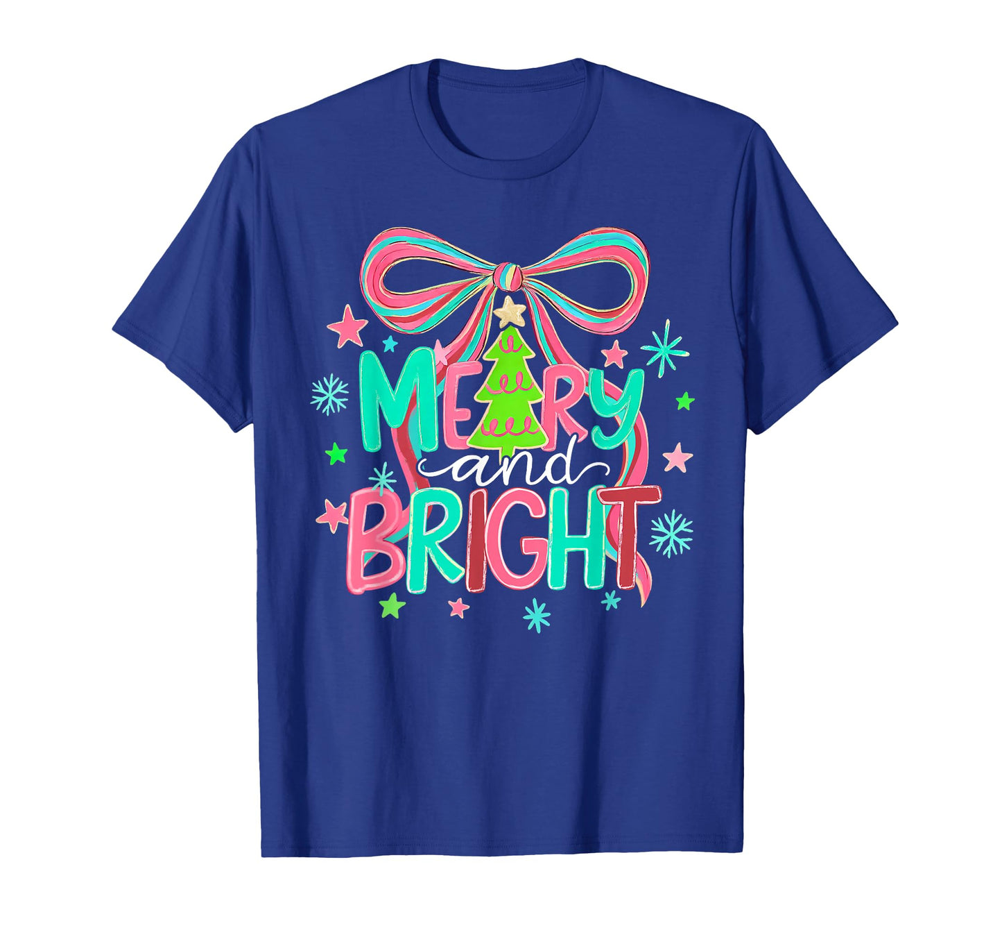 Merry and Bright Coquette Bow Christmas Snowflake Holiday T-Shirt