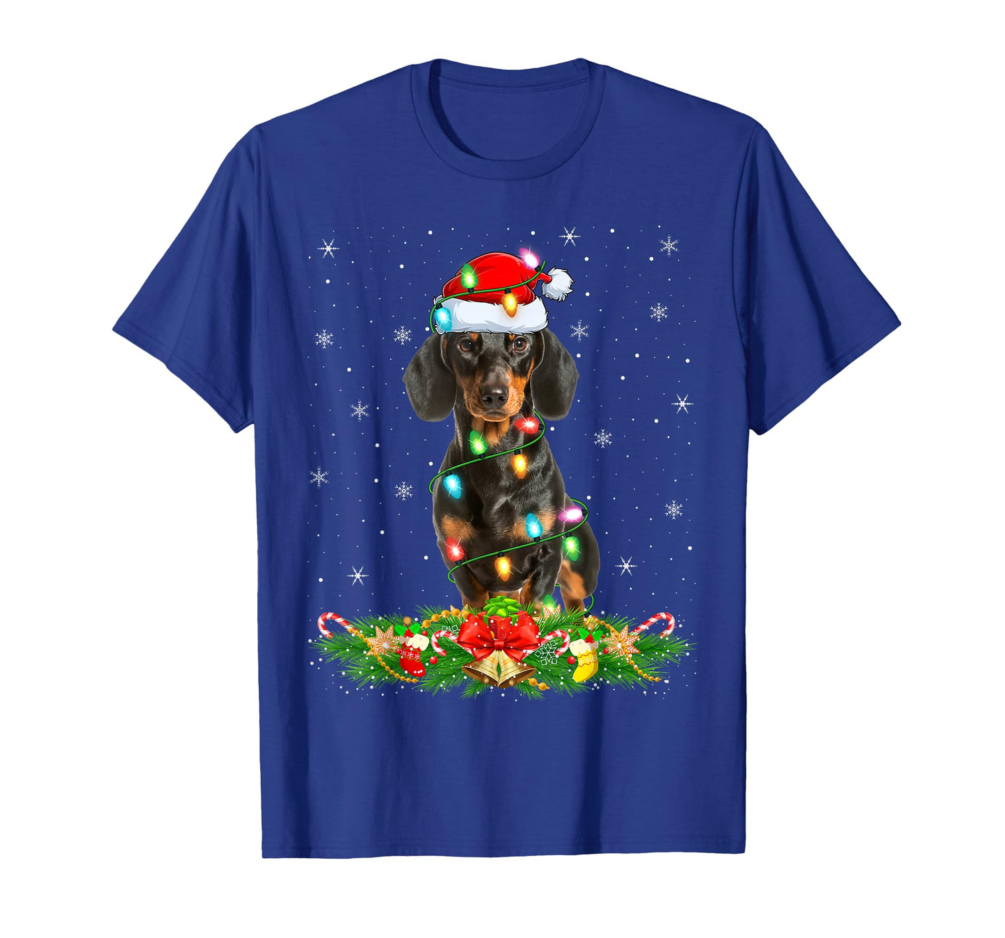 Dachshund Dog Christmas Lights Funny Santa Hat Xmas T-Shirt