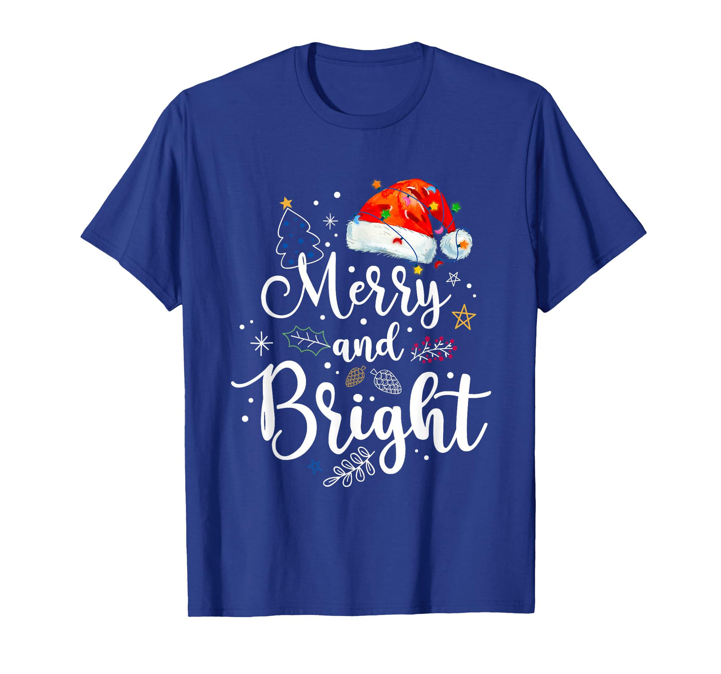 Merry and Bright Christmas Lights Santa Hat Xmas Men Women T-Shirt