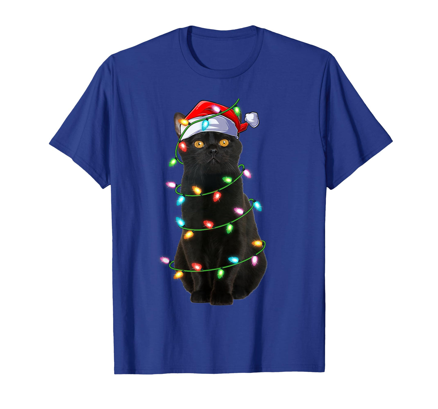 Black Cat Christmas Lights Funny Santa Hat Cat Xmas T-Shirt