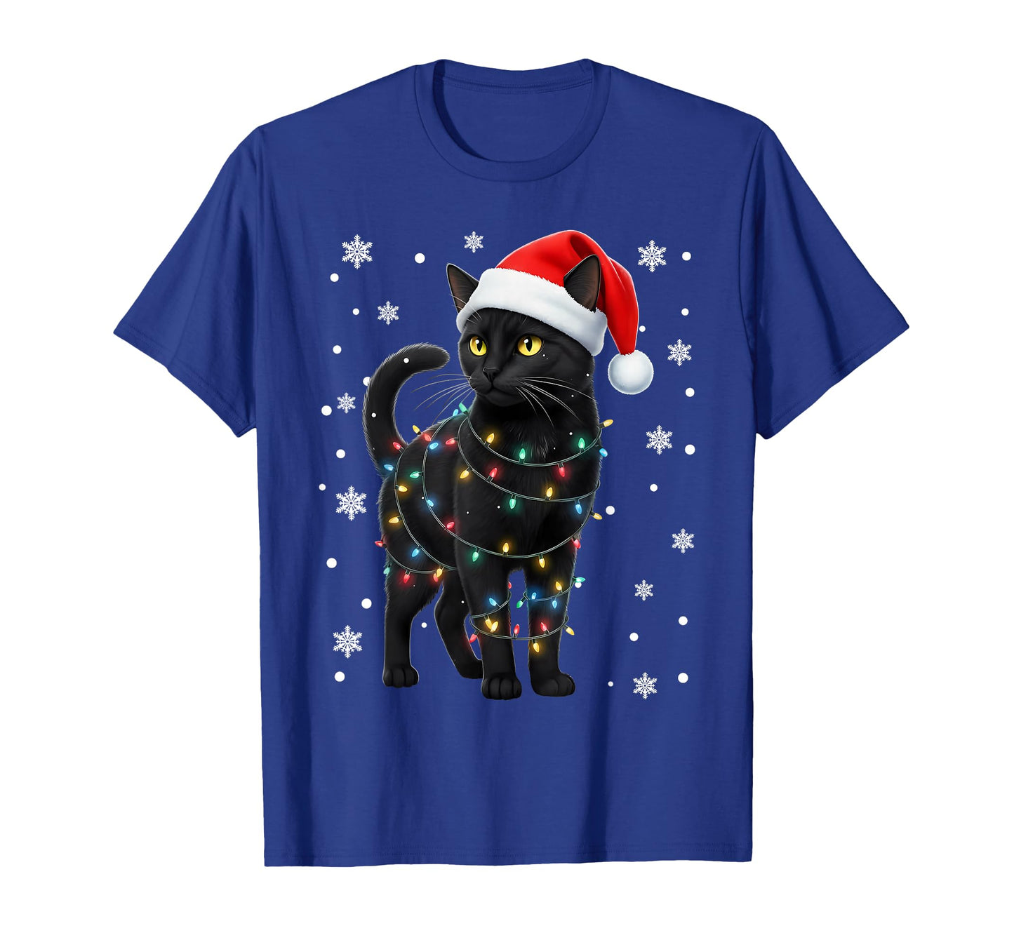 Black Cat Christmas Lights Santa Hat Holiday T-Shirt