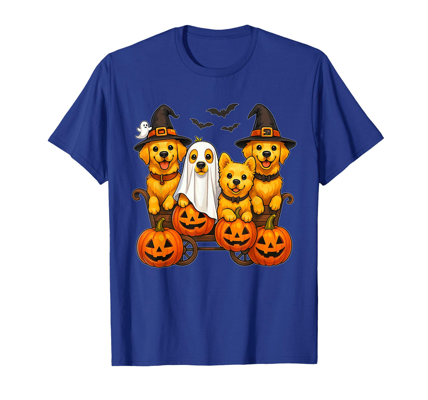 Halloween Retriever Dogs Ghost Witch Pumpkins Wooden Wagon T-Shirt