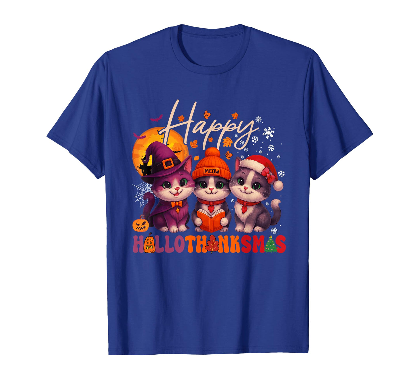 Happy HalloThanksMas Cats Halloween Thanksgiving Christmas T-Shirt